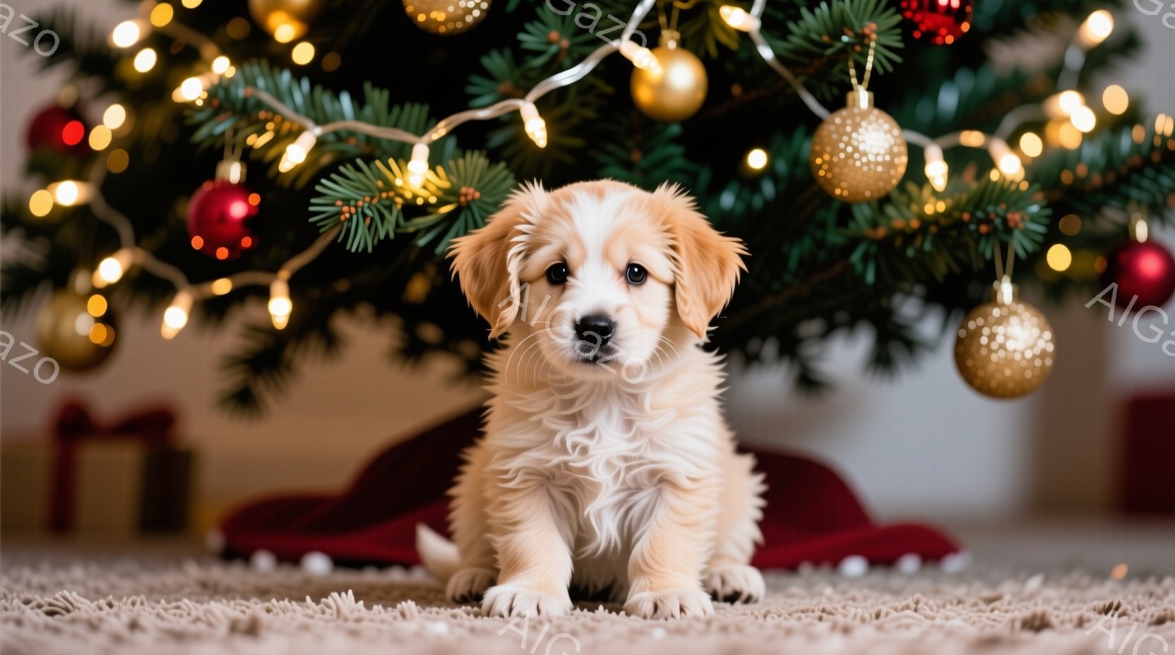 ふわふわのクリーム色のパピーが、赤い布とクリスマスツリーの前で座っています。パピーは前足を揃えて座り、つぶらな瞳でカメラを見つめており、無邪気で愛らしい表情をしています。背景には、キラキラと光るクリスマスツリーとオーナメントが飾られており、温かく幸せなクリスマスの雰囲気が漂っています。