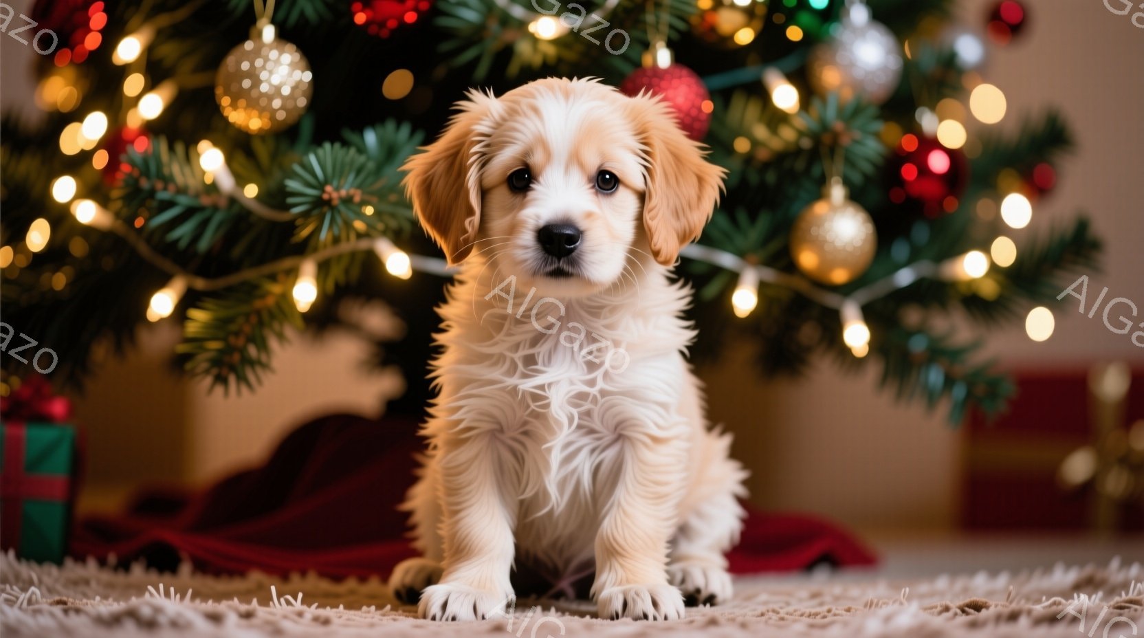 ふわふわのクリーム色のパピーが、赤いクリスマスツリーの敷物の上に座っています。そのパピーは、まっすぐ前を見ており、少し困ったような、または好奇心旺盛な表情をしています。背景には、クリスマスツリーが飾ら - AI生成フリー素材