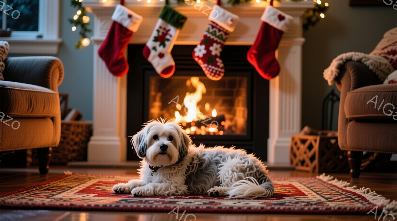 白いふわふわの犬が、暖炉の前にある赤いペルシャ絨毯の上で横たわっています。暖炉には火が燃えており、その上にはクリスマス柄の靴下が飾られています。部屋は暖かく居心地の良い雰囲気で、クリスマスの飾り付けが - AI生成フリー素材