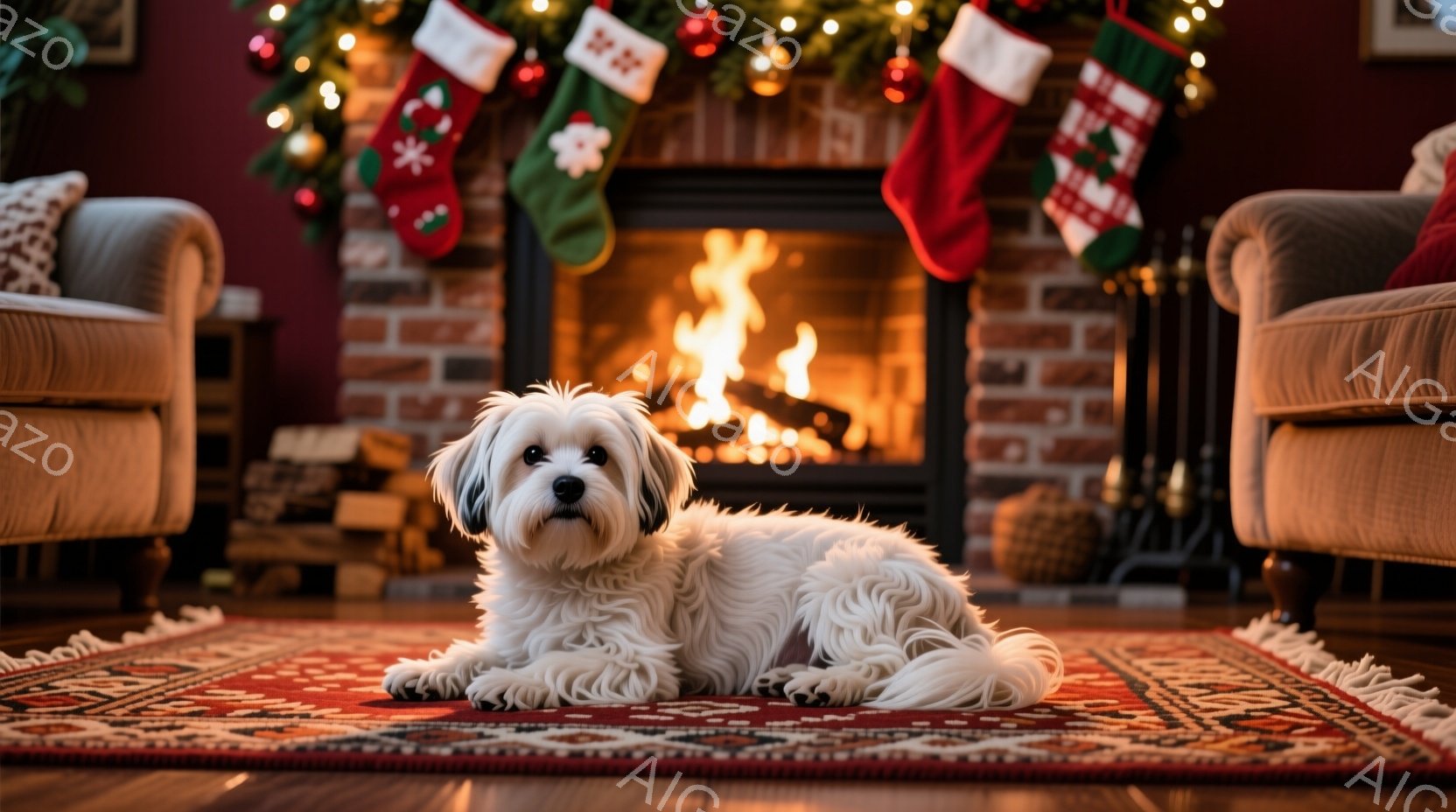 白い毛並みの小型犬が、暖炉の前に敷かれた赤い絨毯の上でリラックスして横たわっています。背景には、クリスマスツリーや装飾が施された暖炉があり、暖かく居心地の良い雰囲気が漂っています。暖炉の火の光が犬の毛 - AI生成フリー素材