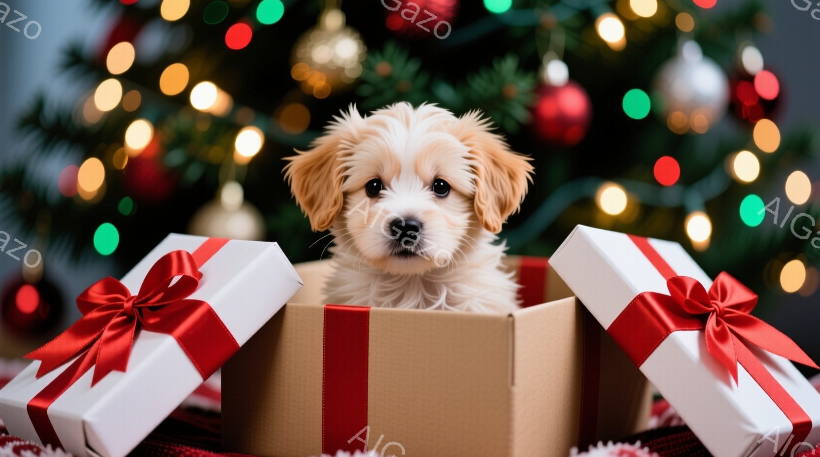 ふわふわのクリーム色のパピーが、赤いリボンで飾られたプレゼントボックスの中に座っています。パピーは好奇心旺盛な表情でカメラを見つめており、その周りにはぼやけたクリスマスツリーとカラフルな光が広がってい - AI生成フリー素材