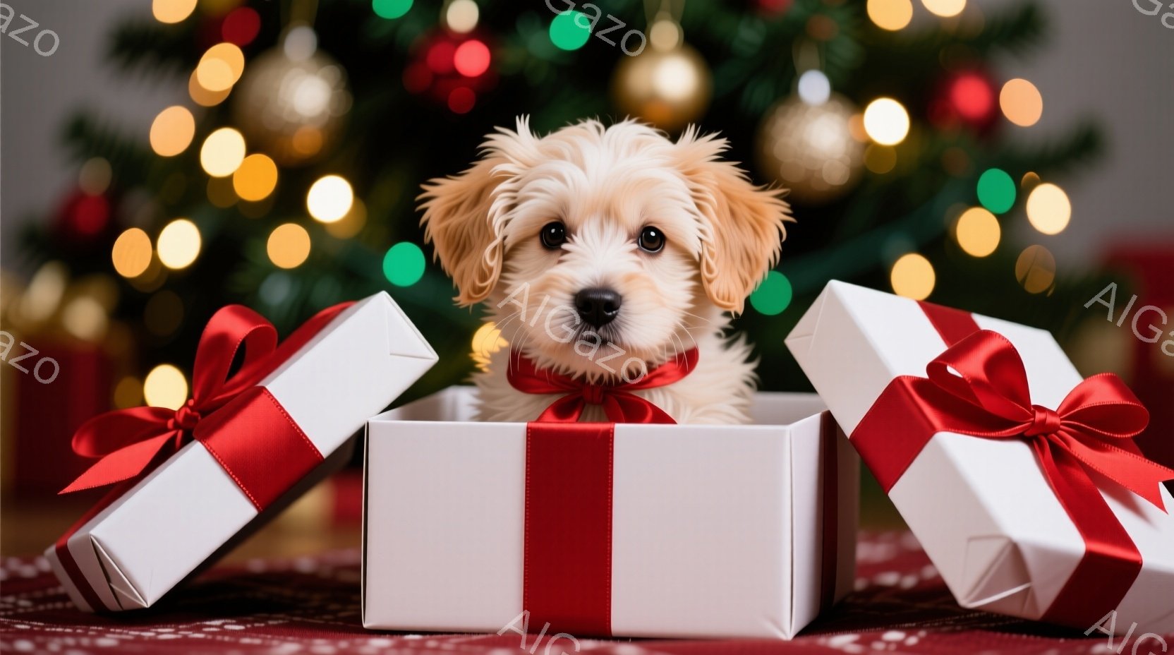 白い毛並みの小さな犬が、赤いリボンで飾られた白いギフトボックスの中に座っています。犬は明るい茶色の目をしており、少し驚いたような、または好奇心旺盛な表情をしています。背景には、ぼやけたクリスマスツリーと、暖かく輝くライトが見え、全体的に穏やかで祝祭的な雰囲気が漂っています。