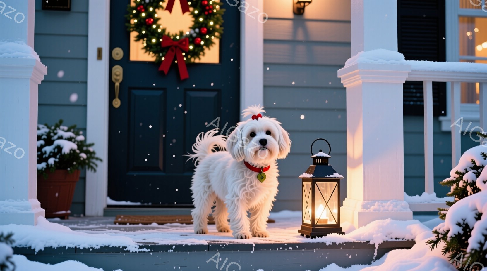 白い毛並みの小型犬が、雪積もった家の玄関前に立っている。赤い首輪と小さな緑色のタグをつけており、少し上目遣いでカメラを見ている。背景にはクリスマスリースが飾られた紺色のドア、そして温かい光を放つランタ - AI生成フリー素材
