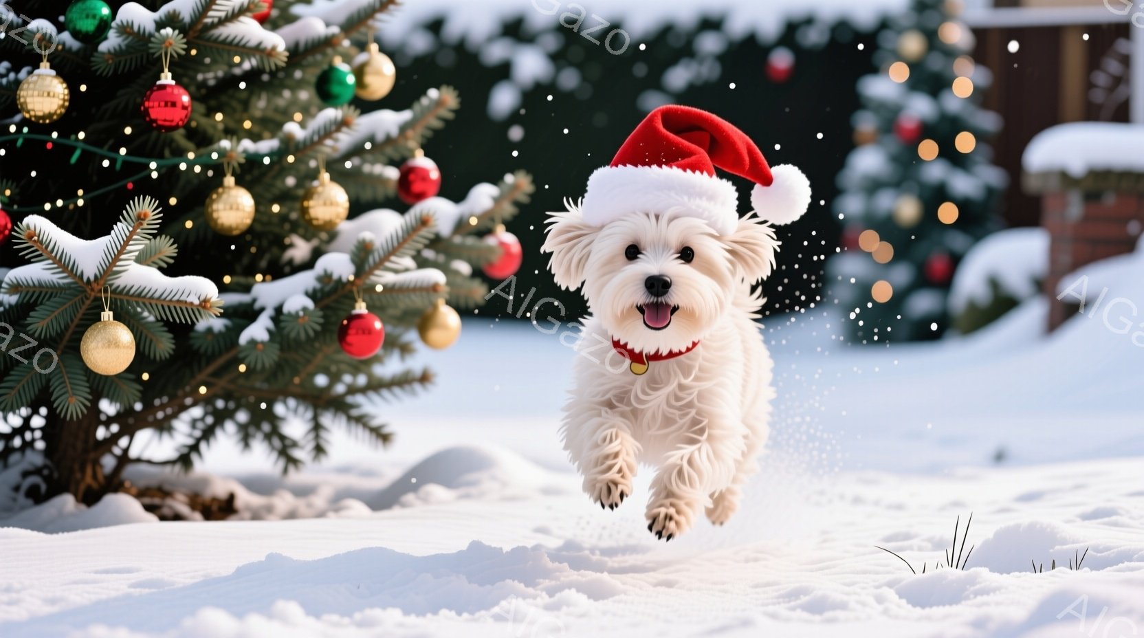 白い犬が雪の上を飛び跳ねています。赤いサンタ帽をかぶり、首輪をつけており、嬉しそうに口を開けています。背景にはクリスマスツリーが飾られ、雪が舞っており、冬の暖かく楽しい雰囲気が漂っています。 - AI生成フリー素材