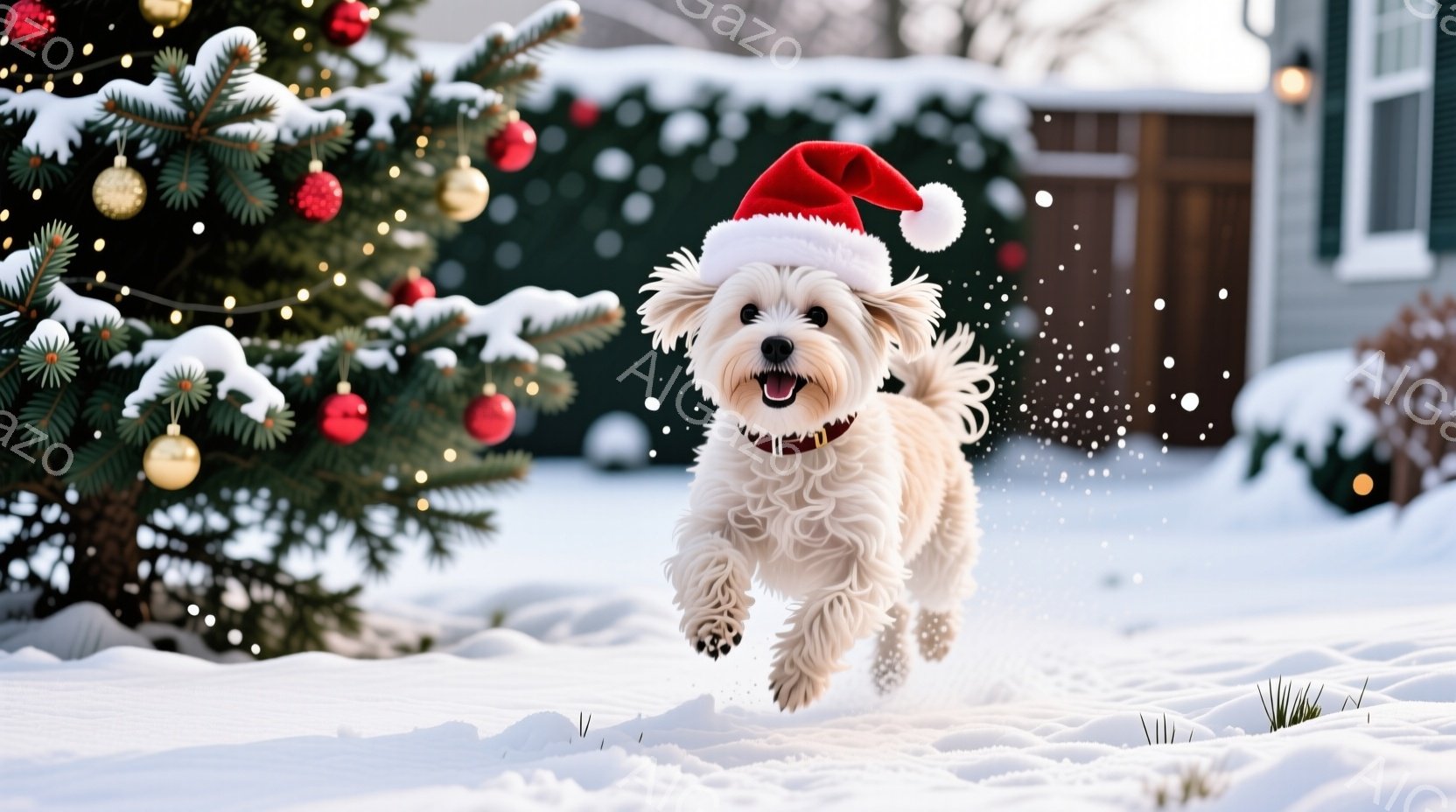 少年は、赤いチェック柄のブランケットの上に座り、赤いマグカップを両手で抱えて何かを飲んでいるようです。白い毛並みの犬が少年の横に横たわり、リラックスした様子でこちらを見ている。背景にはクリスマスツリー - AI生成フリー素材