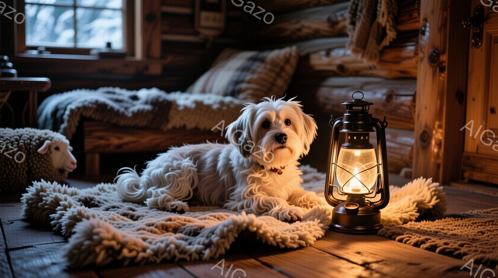 白い毛並みの小型犬が、暖炉のある木の家の中で、ふわふわの白いラグの上に横たわっています。背後には、白い毛皮で覆われたクッションが置かれたベッドが見え、部屋全体が温かく落ち着いた雰囲気に包まれています。 - AI生成フリー素材