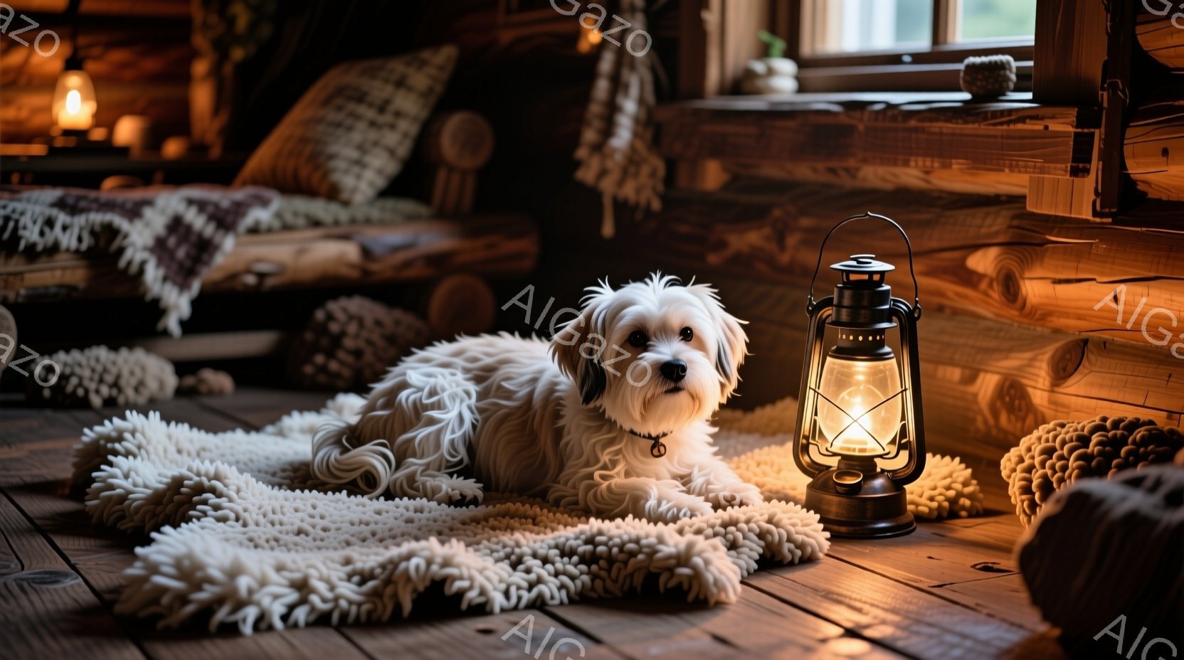 白い毛並みの犬が、毛足の長いラグの上に横たわっています。背景には木製の壁と家具が見え、暖炉から灯る光とオイルランプが室内を温かく照らしています。全体的に落ち着いた雰囲気で、冬の日の静けさと安らぎを感じさせます。