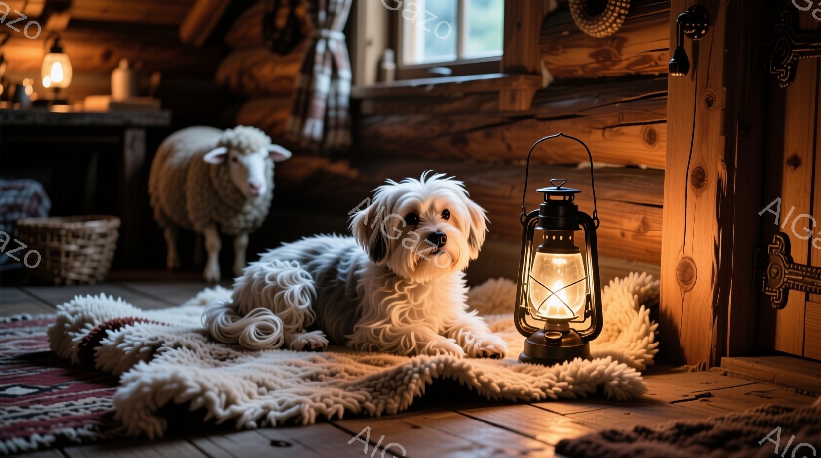 白い毛並みの犬が、毛足の長いラグの上に横たわっており、少しこちらを見ています。背景には、木製の壁と、かごや人形、そして羊のぬいぐるみがあり、温かみのある灯りが室内を照らしています。木造の室内と犬の優し - AI生成フリー素材