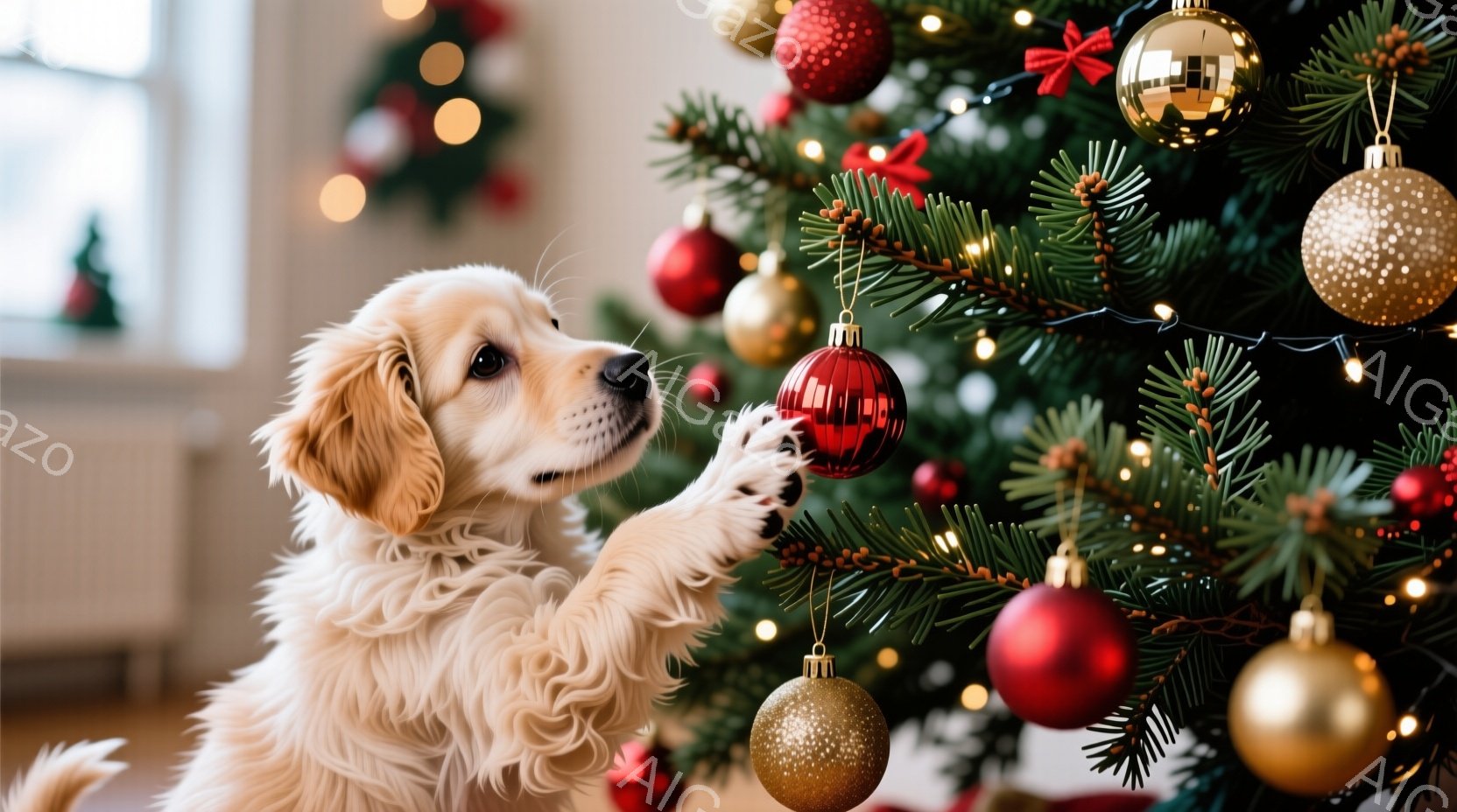 鮮やかなクリスマスツリーの前で、子犬が赤いオーナメントに前足を伸ばして遊んでいます。子犬は明るいクリーム色の毛並みで、好奇心と遊び心に満ちた表情をしています。背景にはぼやけたツリーの装飾が広がり、温か - AI生成フリー素材