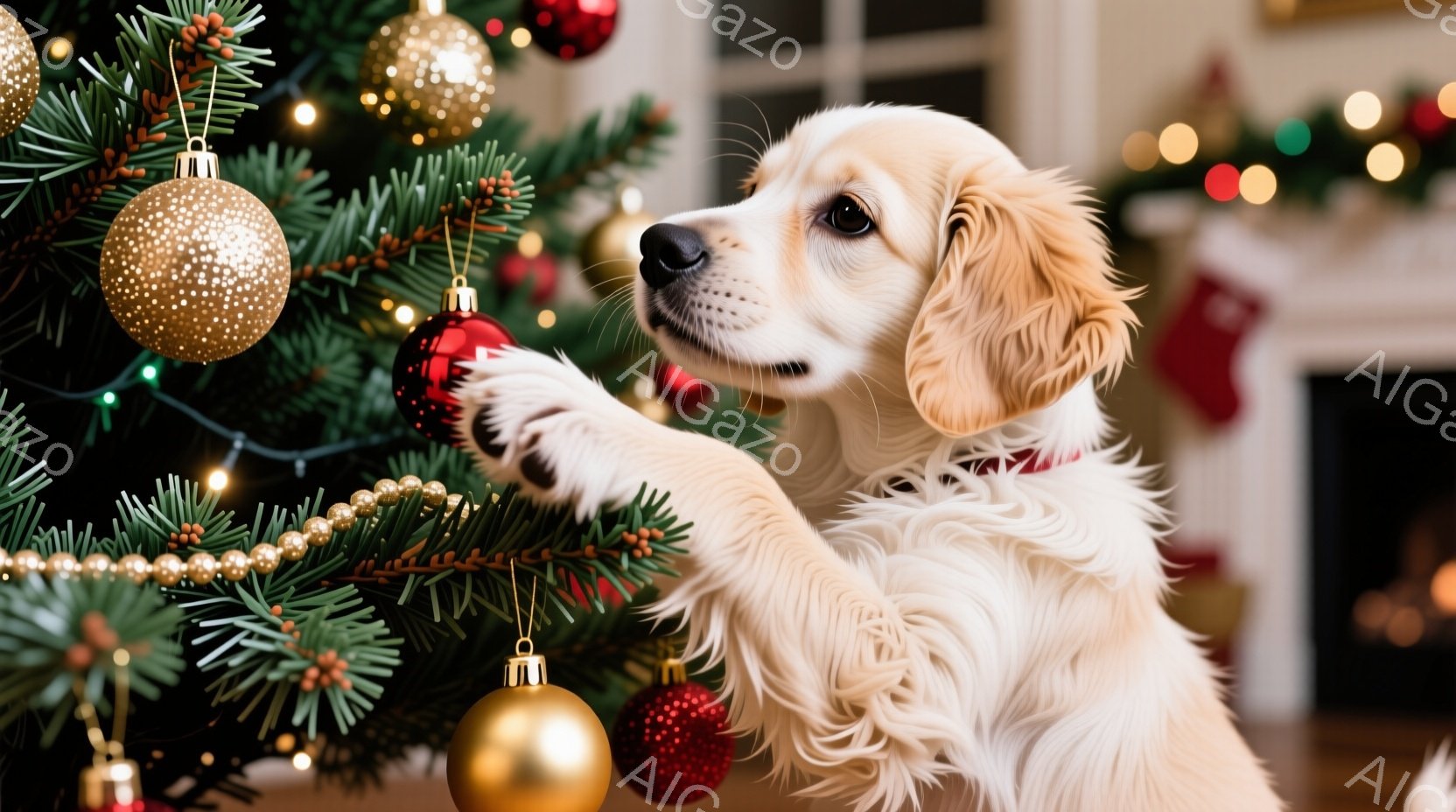 クリーム色の毛並みの犬がクリスマスツリーの枝に前足を伸ばし、興味深そうに見つめています。背景には、飾り付けられたクリスマスツリーや暖炉が見え、温かくお祝いムードが漂っています。全体的に、犬の愛らしさと - AI生成フリー素材