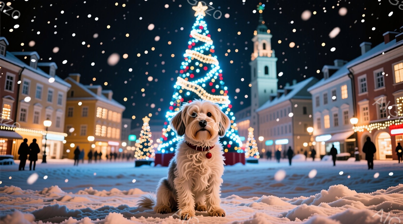 白い毛並みの小型犬が雪の上に座り、カメラに向かって正面を見つめている。背景には、ライトアップされたクリスマスツリーと、雪景色の中に広がるヨーロッパ風の建物群が広がっており、暖かく幻想的な雰囲気を醸し出 - AI生成フリー素材