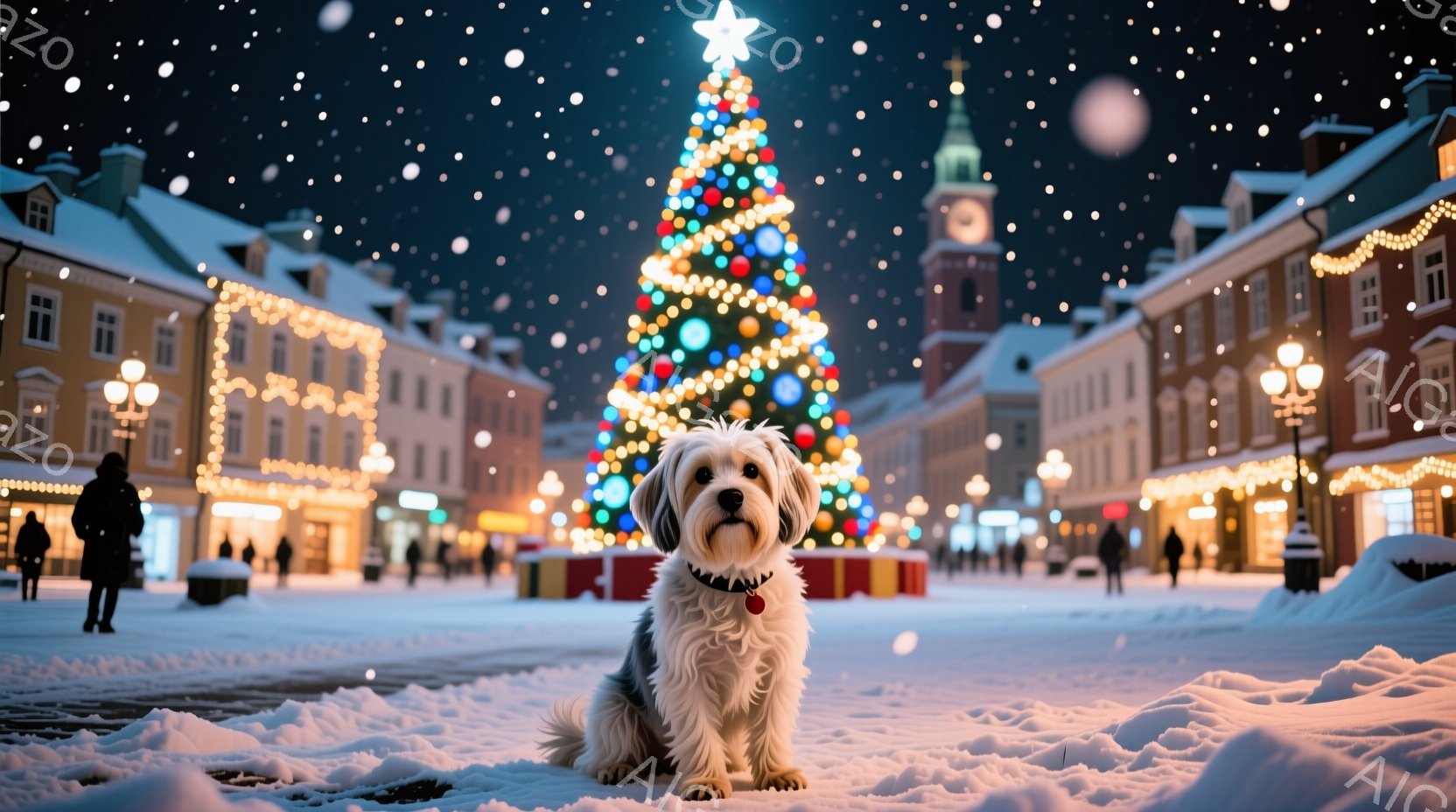 雪が降り積もる広場に、ふわふわの白い毛並みの小型犬が座ってこちらを見ています。背景にはクリスマスツリーが輝き、周囲の建物は温かい光で飾られています。雪景色とイルミネーションが、温かく幻想的なクリスマス - AI生成フリー素材