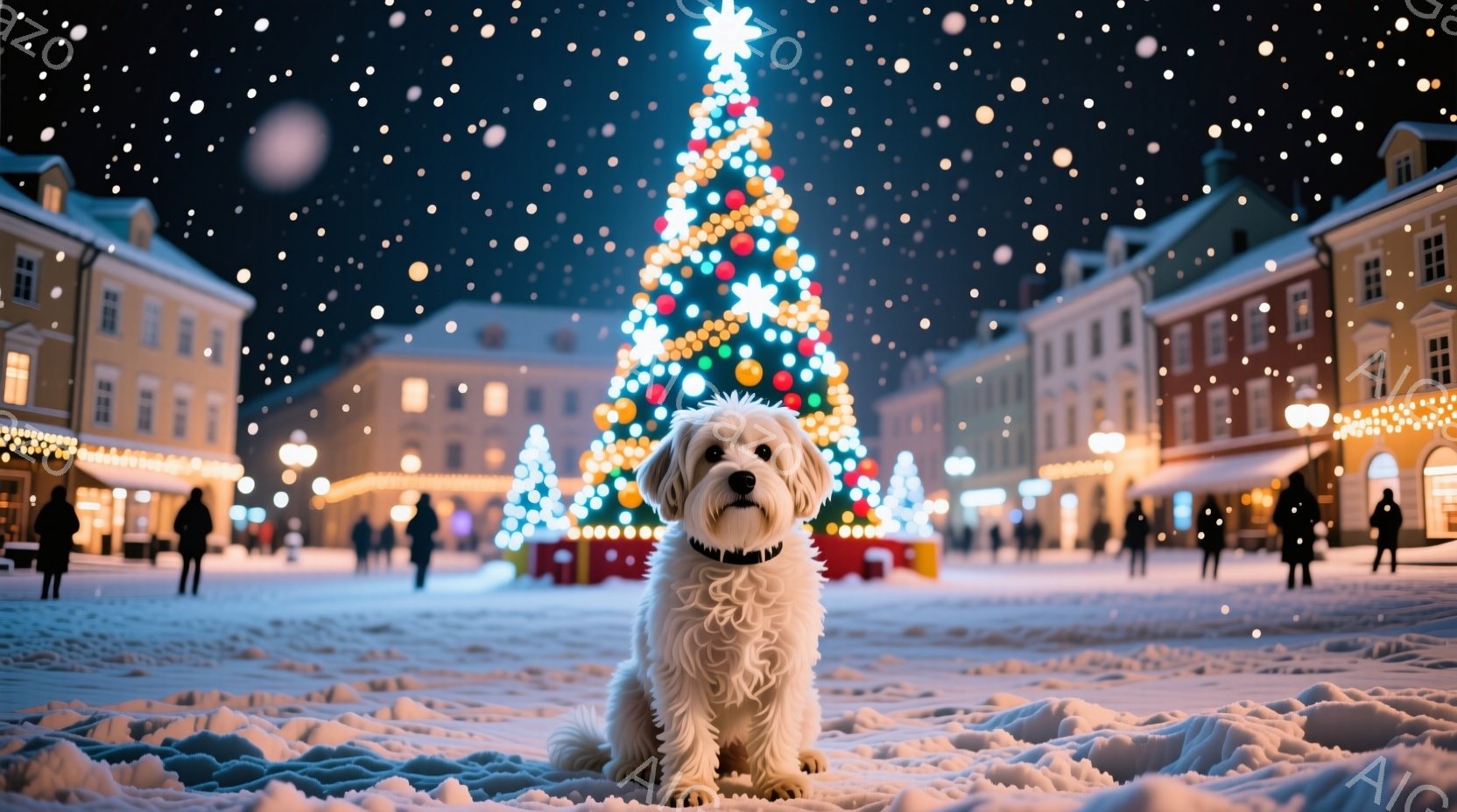 雪が降り積もる広場の中央に、ふわふわの白い犬が座っています。背景には、色とりどりの電飾で飾られた大きなクリスマスツリーが聳え立ち、周囲には暖色の光を放つ建物が並んでいます。犬は前方をまっすぐ見つめ、穏 - AI生成フリー素材