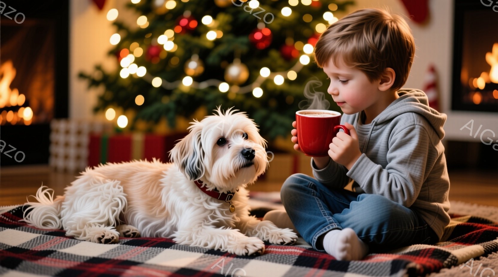 少年はチェック柄の敷物の上で正座し、赤いマグカップを両手で抱えて何かを飲んでいるようです。白い毛並みの小型犬が少年の横に横たわり、リラックスした様子で彼を見つめています。背景にはクリスマスツリーの温か - AI生成フリー素材