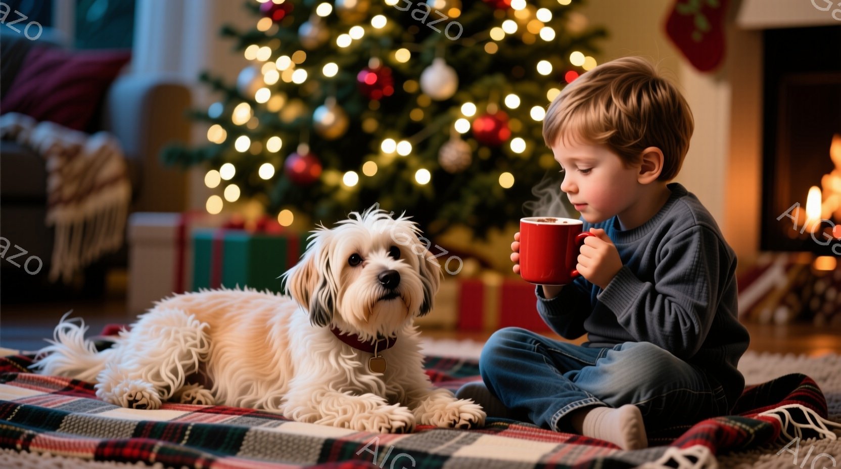 小さな少年が、赤いチェック柄の敷物の上で膝を抱えて座り、両手に赤いマグカップを持って何かを飲んでいる。隣には白い毛並みの犬が横たわり、少年を見つめている。背景には、飾り付けられたクリスマスツリーと、暖 - AI生成フリー素材