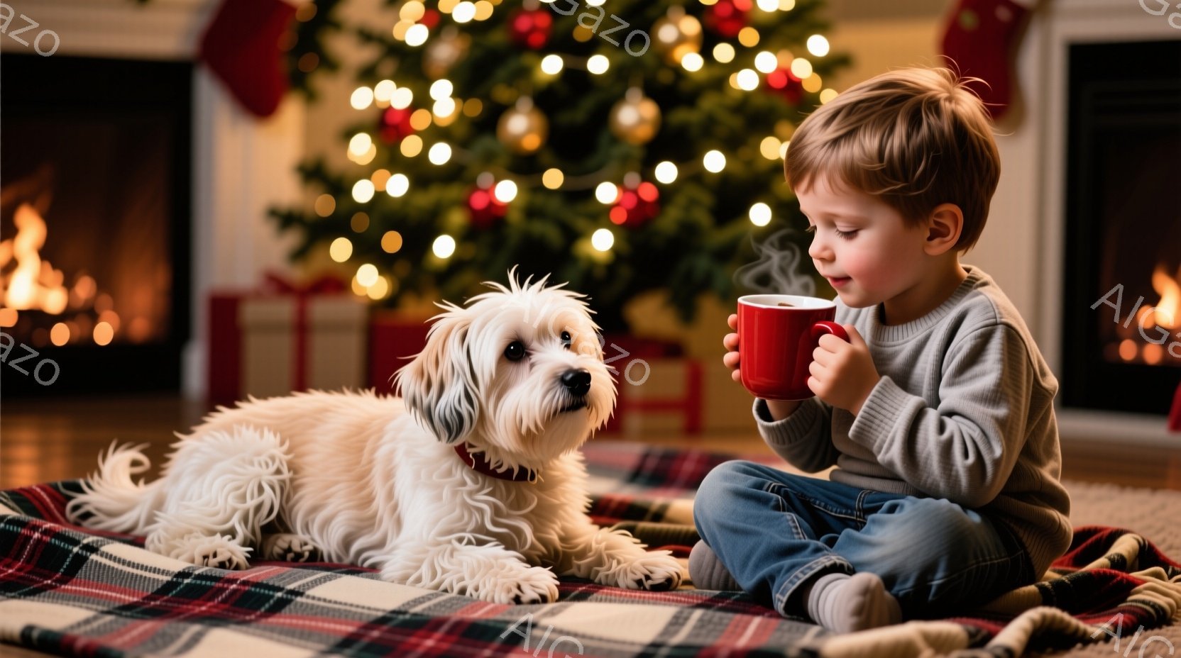 赤いチェック柄のブランケットの上に座った少年と、その横に横たわる白い犬が描かれています。少年はグレーのセーターとジーンズを着ており、赤いマグカップを両手で抱えながら、どこかを見つめています。背景にはク - AI生成フリー素材