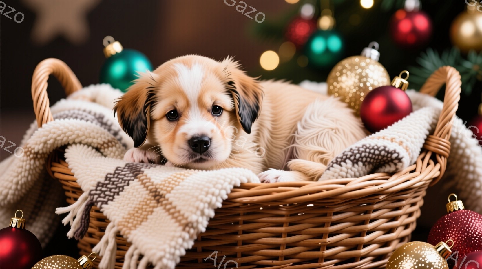 籐の籠の中に、ふわふわのクリーム色の毛並みを持つ子犬が丸まって眠っています。子犬は白と黒のパッチのある顔をしており、穏やかな表情で、周囲には赤や金色のクリスマスオーナメントが散りばめられています。背景にはぼやけたクリスマスツリーの光があり、暖かく、心地よい雰囲気を醸し出しています。
