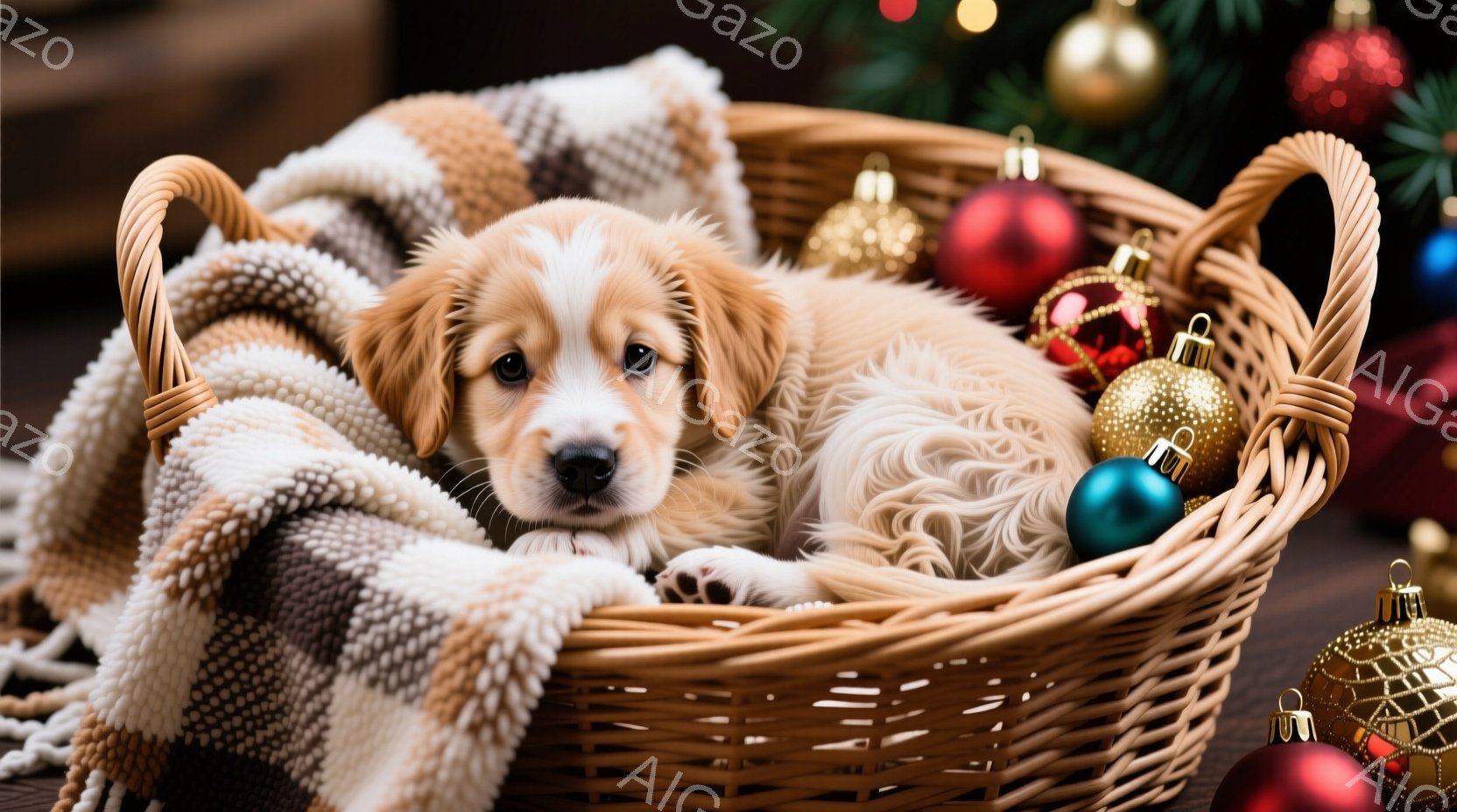 籐で編まれたバスケットの中に、ふわふわのクリーム色の子犬が丸まって眠っています。周りには赤、金、青のクリスマスオーナメントが散りばめられ、背景にはぼやけたクリスマスツリーの緑が見えます。暖かく穏やかな - AI生成フリー素材