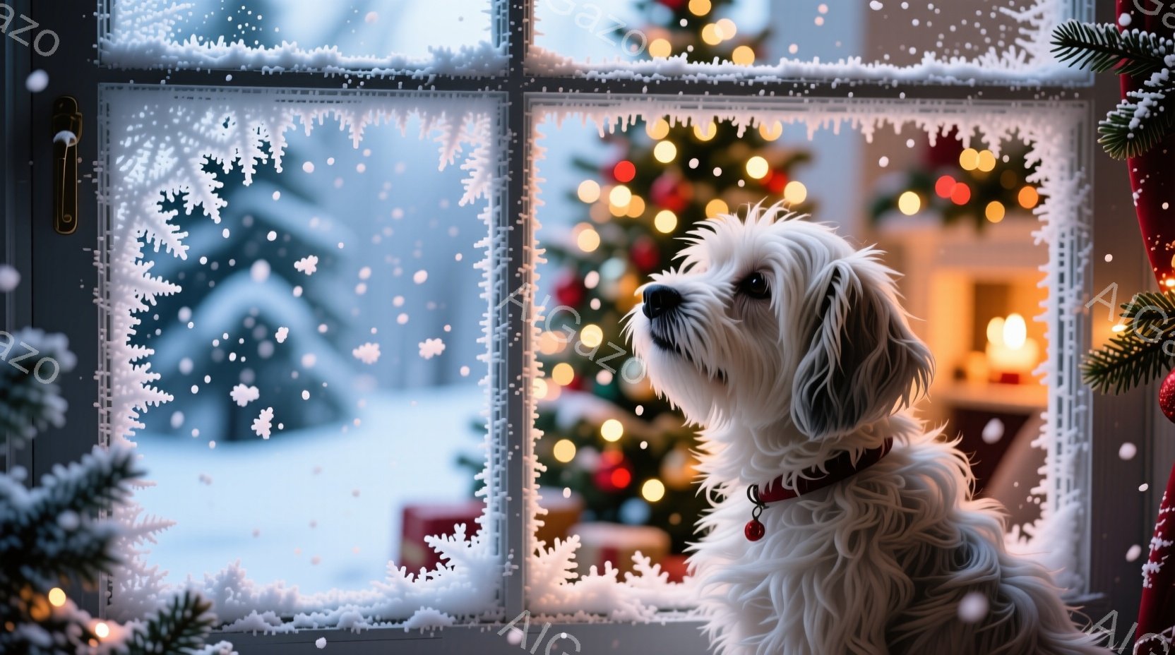 白い毛並みの犬が窓辺に座り、外の雪景色を見つめている。赤い首輪には小さな鈴が付いており、窓枠には雪が降り積もって美しい模様が描かれている。背景には、クリスマスツリーの温かい光が灯り、穏やかで冬らしい雰 - AI生成フリー素材