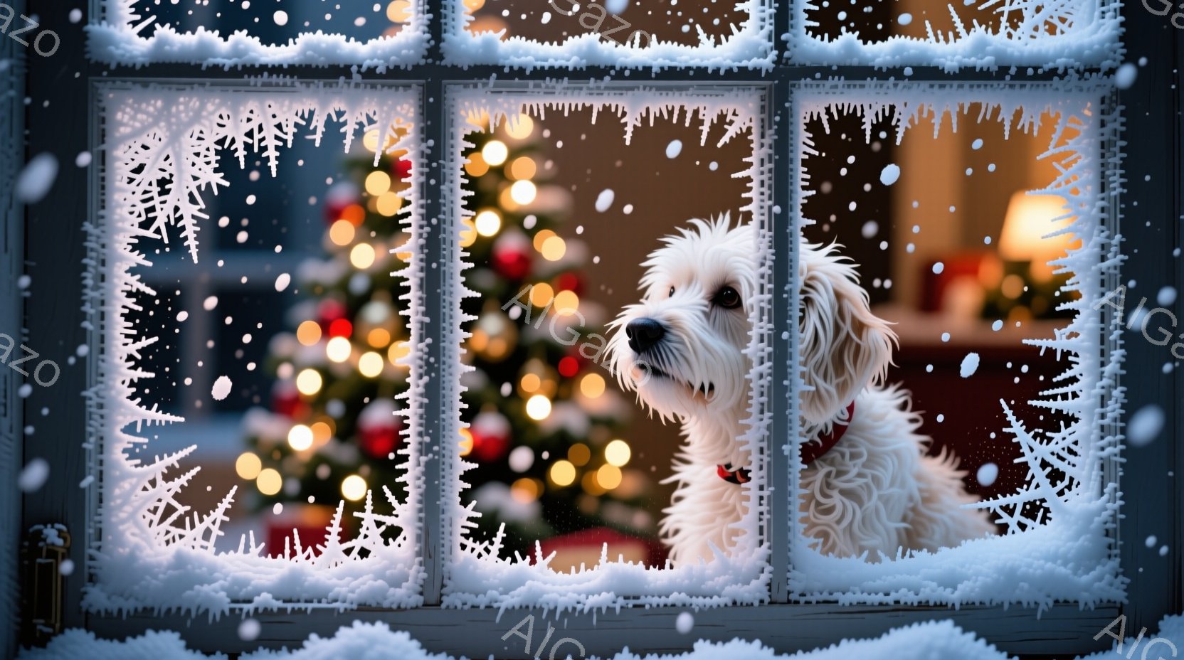 白いフワフワの毛並みの犬が窓越しにこちらを見ています。クリスマスツリーの温かい光が背景にぼやけ、雪が窓ガラスに凍り付いて美しい模様を作り出しています。暖かく、冬の穏やかな雰囲気が漂う、心温まる光景です - AI生成フリー素材