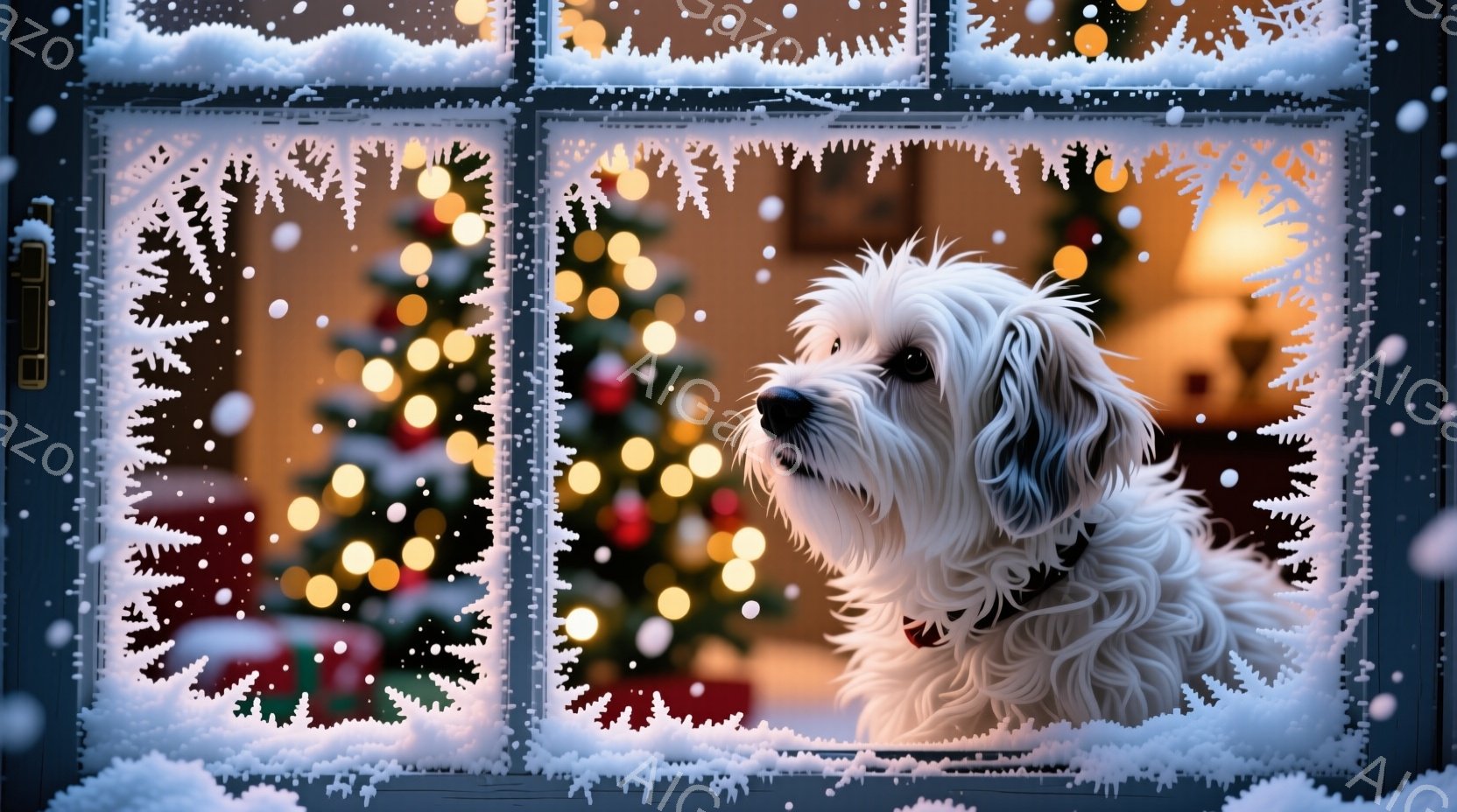 白い毛並みの犬が窓の内側からこちらを見ています。窓は雪で覆われ、クリスマスの飾り付けがされたツリーがぼやけて見え、暖かく穏やかな雰囲気を醸し出しています。犬の表情はどこか物憂げで、冬の静寂を感じさせます。