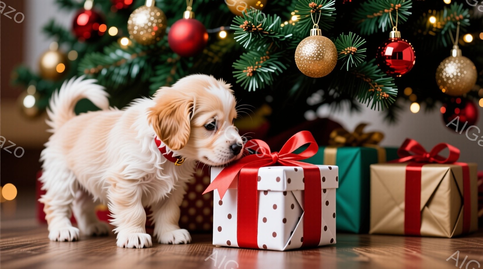 白とクリーム色の毛並みの小さな子犬が、赤い水玉模様のリボンが付いたプレゼントボックスの前にそっと近づいています。背景には、金色のオーナメントや赤い飾りで飾られたクリスマスツリーがあり、暖かくお祝いの雰 - AI生成フリー素材