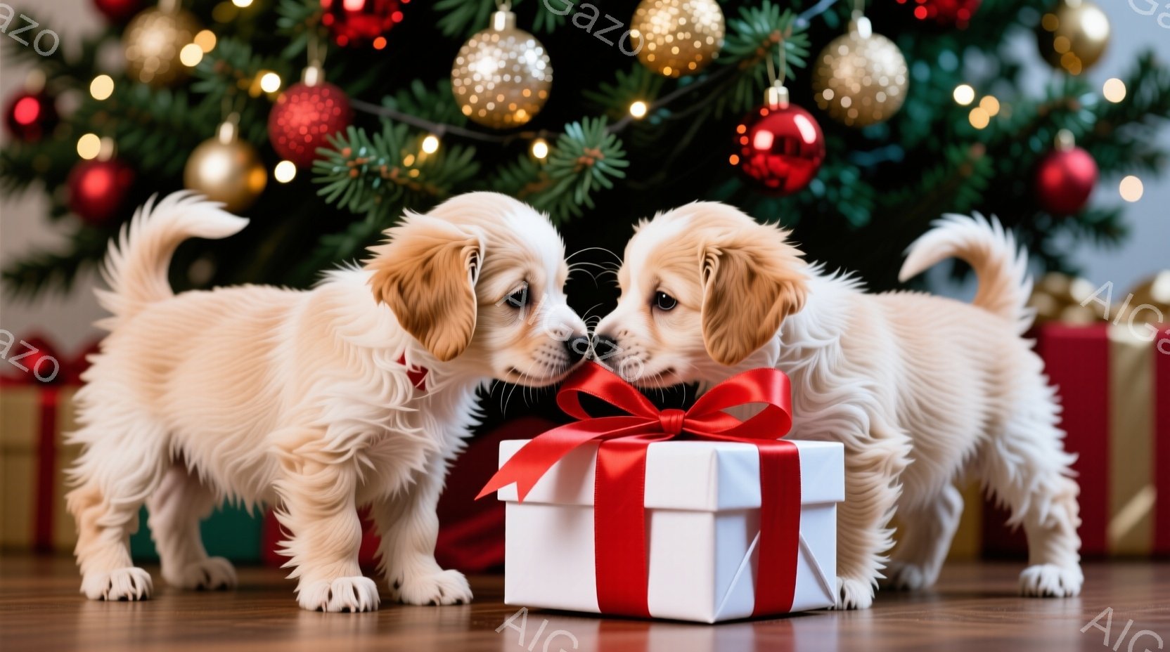 ふわふわのクリーム色のパピー犬が2匹、赤いリボンで結ばれた白いプレゼントボックスに鼻を近づけています。背景には、クリスマスツリーの緑と、赤や金色のオーナメントが飾られています。暖かく、お祝いの雰囲気で - AI生成フリー素材
