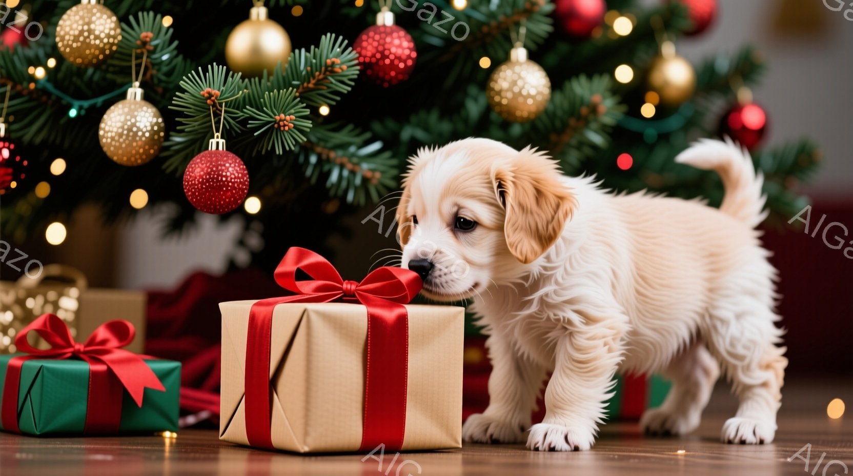 白い毛並みの小型犬が雪の上に座っており、赤い首輪をつけています。背景には、クリスマスツリーのように輝くライトで飾られた雪の積もった家と、さらに奥には雪をまとった山々が広がっています。全体的に、暖かく幻 - AI生成フリー素材