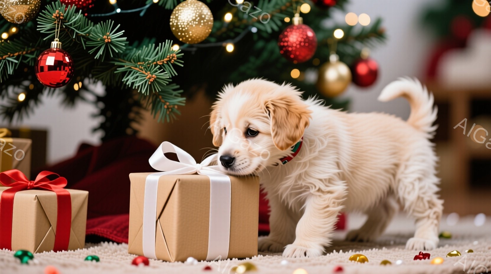 白い毛並みの小さな子犬が、茶色の包装紙で包まれたプレゼントの箱に鼻を近づけています。背景には赤いオーナメントが付いたクリスマスツリーがあり、床にはキラキラした飾りとプレゼントの箱が散らばっています。温 - AI生成フリー素材