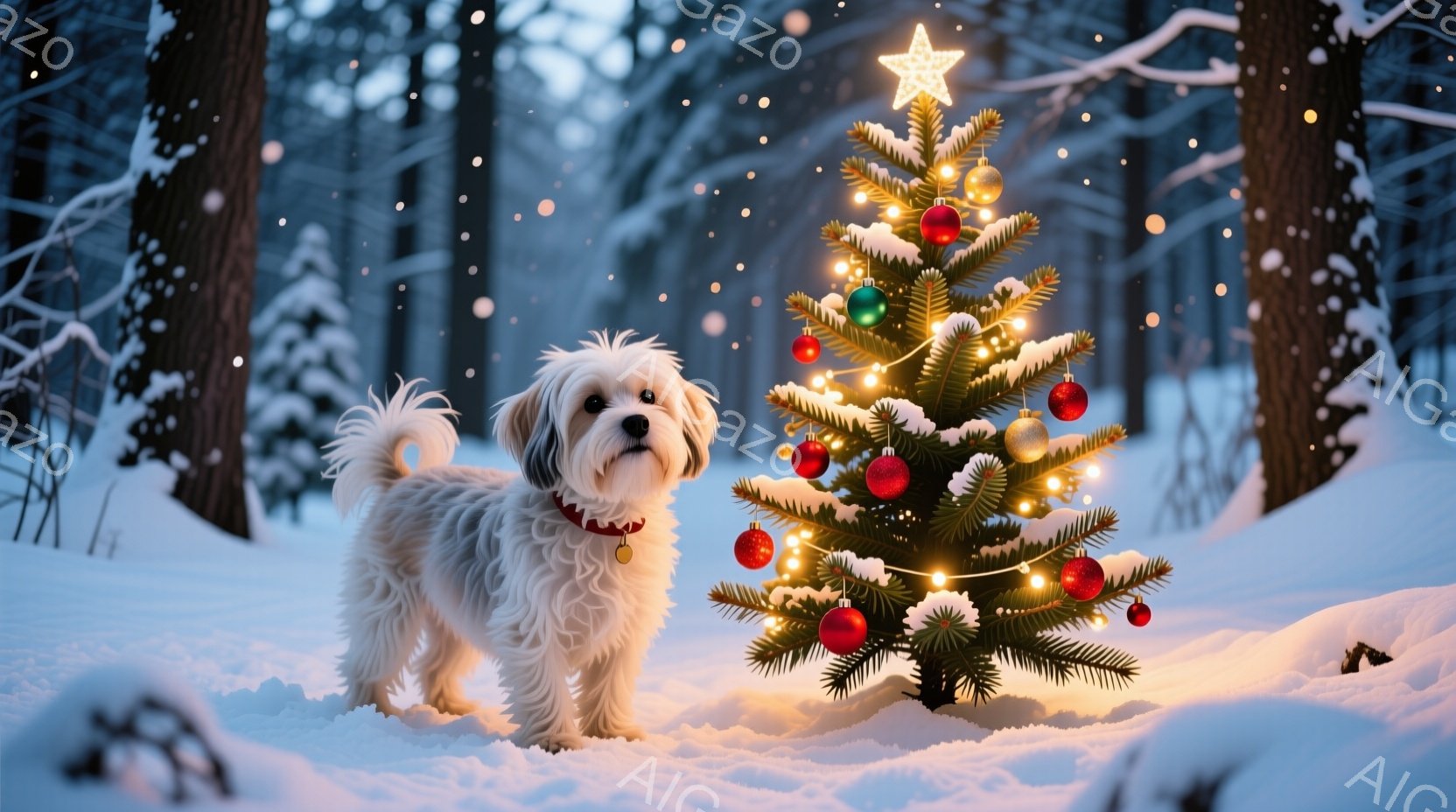 白い毛並みの小型犬が雪景色の中に立っており、赤い首輪をつけています。犬の背後には、電飾とオーナメントで飾られた小さなクリスマスツリーがあり、雪が静かに降り積もっています。背景は暗い森で、全体的に暖かく - AI生成フリー素材