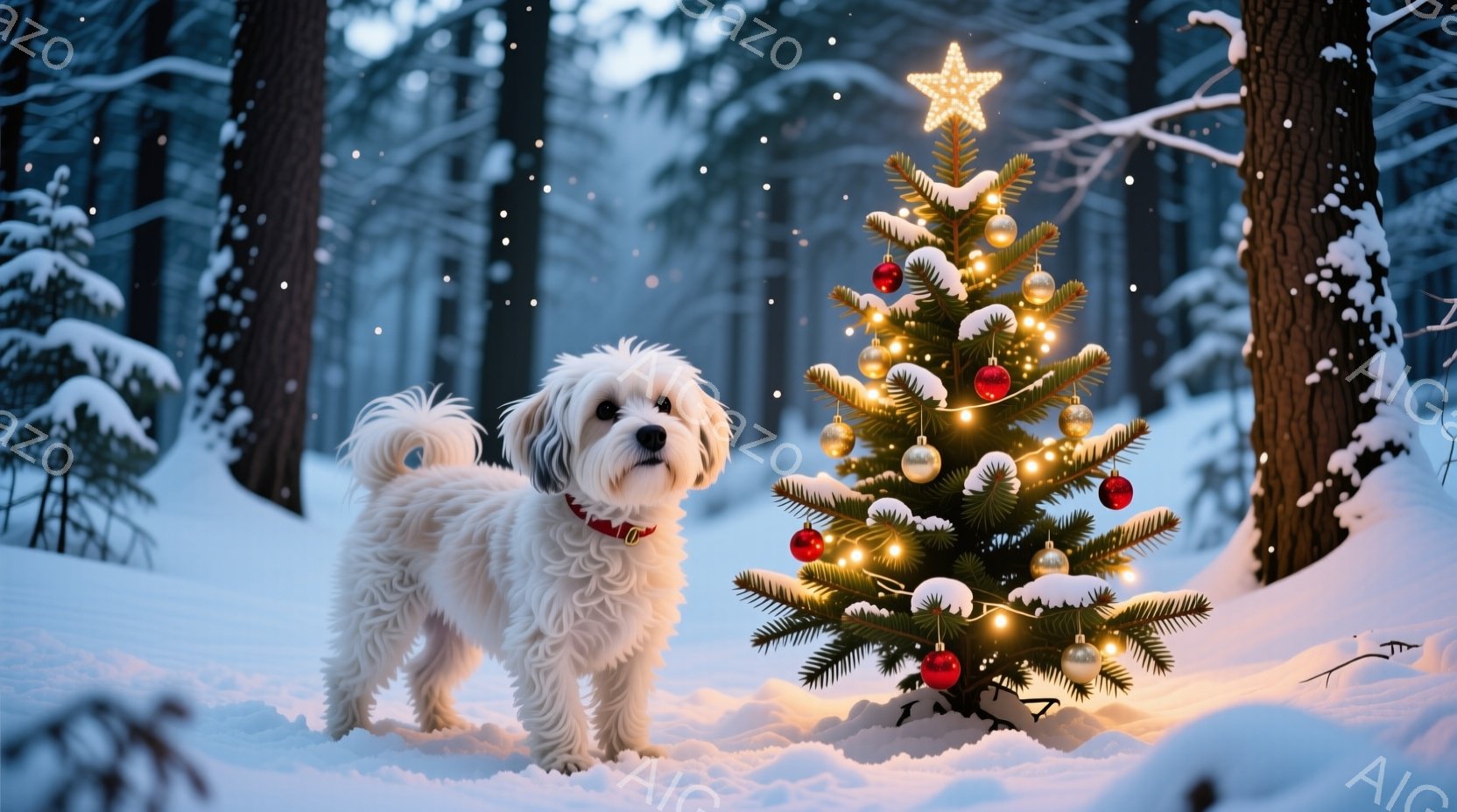 白い毛並みの小型犬が雪景色の中でクリスマスツリーの前に立っている。犬は赤い首輪をつけており、少し上目遣いで前方を穏やかに見つめている。背景には雪に覆われた木々が立ち並び、降り積もる雪と輝くツリーのライ - AI生成フリー素材