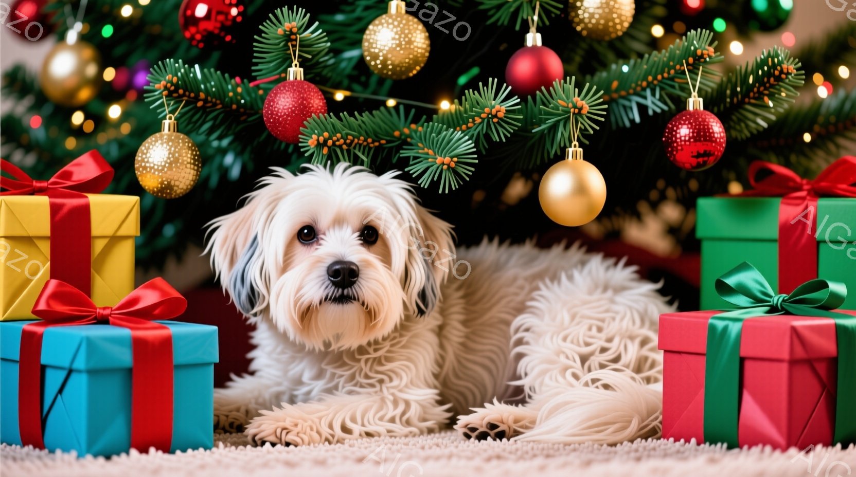 白い毛並みの犬が、クリスマスツリーの足元に置かれたプレゼントの箱に囲まれて横たわっています。犬は穏やかな表情でカメラを見つめており、背景には緑のクリスマスツリーとカラフルなオーナメントが飾られています - AI生成フリー素材