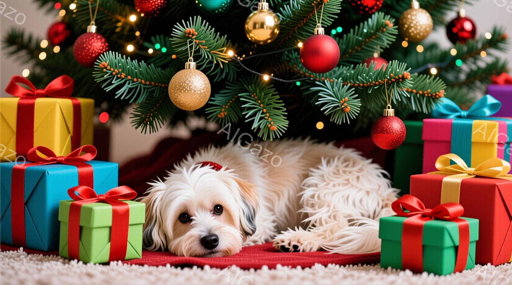 白いふわふわの犬が、クリスマスツリーの下の赤い敷物の上に横たわっています。犬はリボンで飾られた様々な色のギフトボックスに囲まれ、リラックスした表情をしています。背景には緑のクリスマスツリーが飾られ、キラキラと輝く電飾が暖かく優しい雰囲気を醸し出しています。