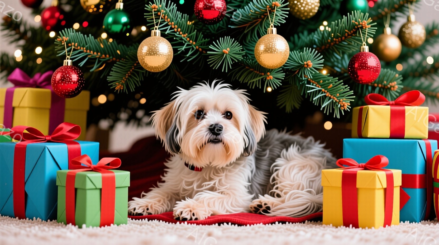 白と茶色の毛並みの犬が、赤い敷物の上に座ってカメラを見ています。背景には、色とりどりのラッピングされたプレゼントの山と、クリスマスツリーの緑の葉とオーナメントが見え、お祝いの雰囲気が漂っています。犬は - AI生成フリー素材
