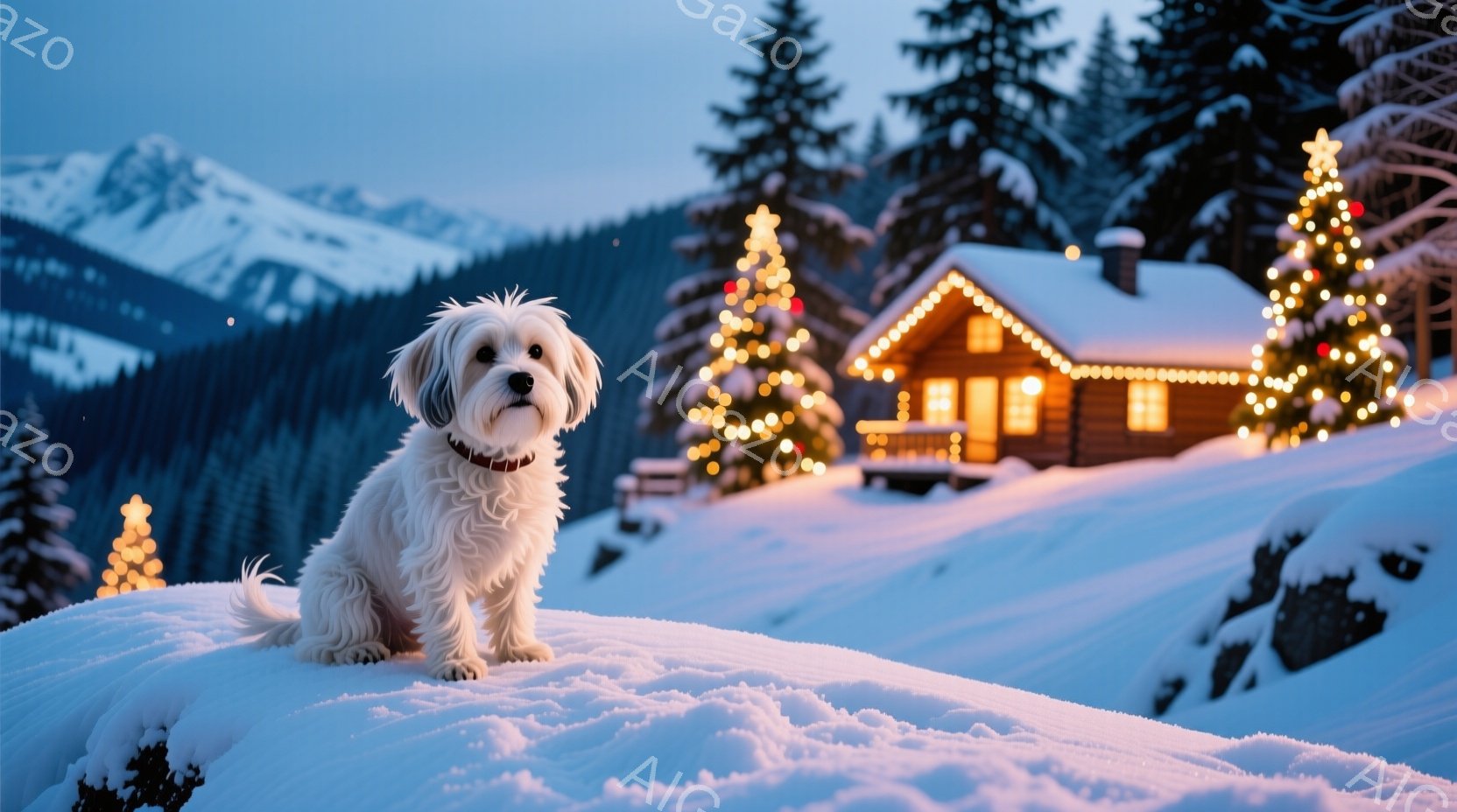 白い毛並みの小型犬が雪の上に座っており、赤い首輪をつけている。背景にはクリスマスツリーのように飾り付けられた木々と、温かい光が灯る可愛らしいキャビンが見える。雪景色とキャビンの明かりが、温かく幻想的な - AI生成フリー素材