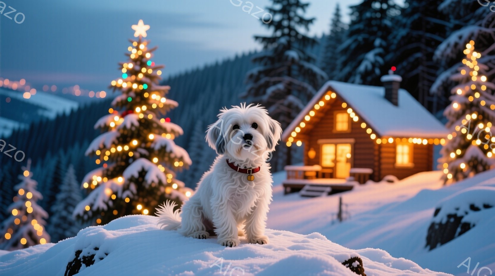 白い毛並みの小型犬が雪の上に座っており、赤い首輪を付けています。背景には、クリスマスツリーのように装飾された常緑樹と、温かい光で飾られた可愛らしい木造の家が見え、雪景色の中で温かく幻想的な雰囲気を醸し - AI生成フリー素材