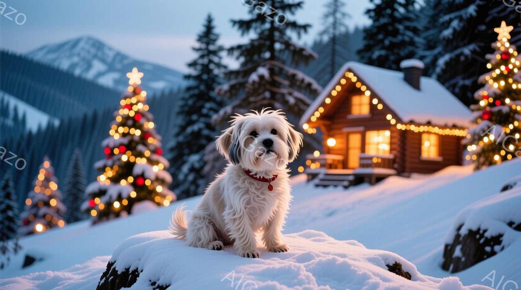 白い毛並みの小型犬が雪の上に座っており、赤い首輪をしています。背景には、クリスマスツリーのように飾り付けられた針葉樹と、温かい光が灯るキャビンが見え、雪深い冬の風景が広がっています。全体的に暖かく、おとぎ話のような、あるいはクリスマスの雰囲気を醸し出しています。