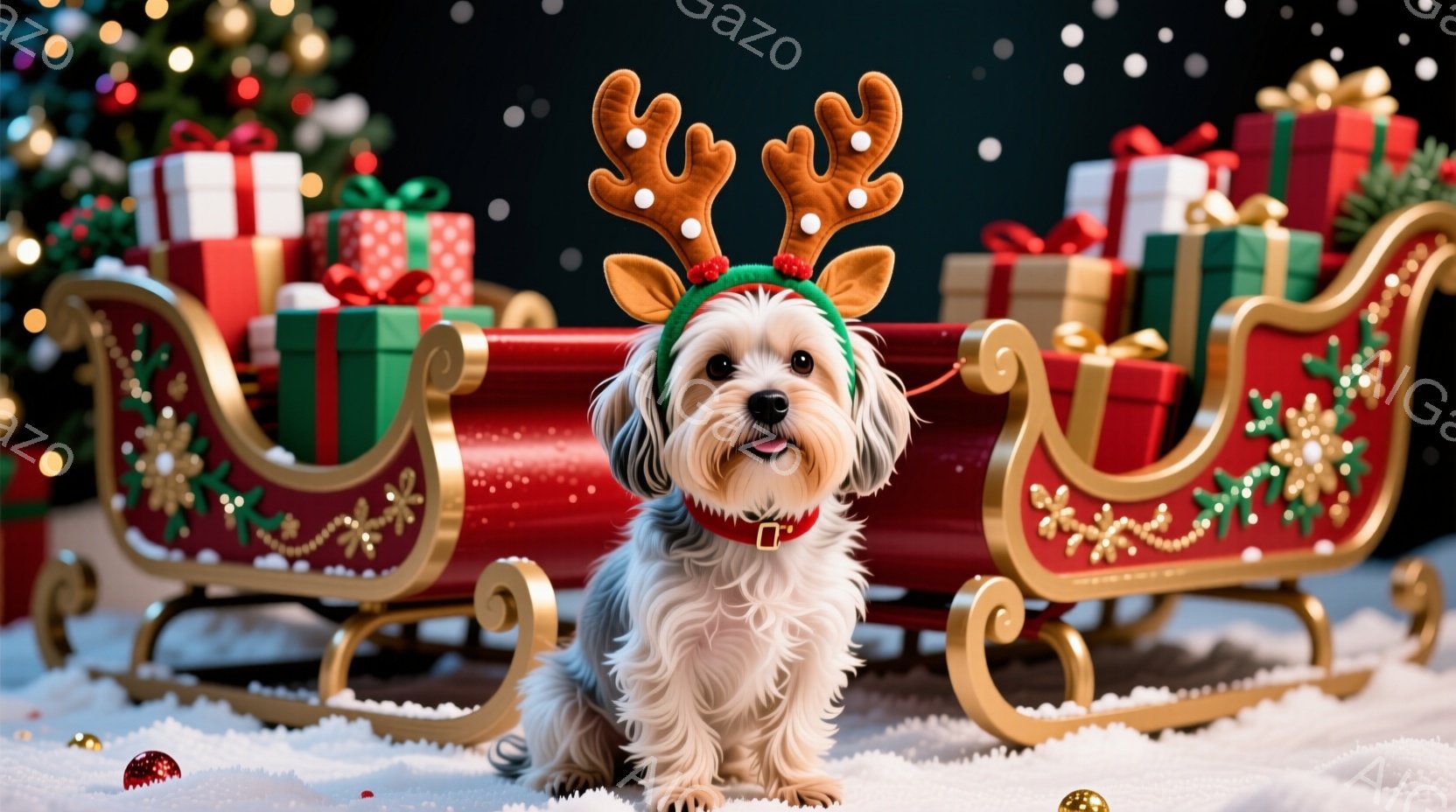 白くてふわふわした犬が、赤いそりに座って正面を見つめています。頭にはトナカイの角がついたヘッドバンドをつけており、幸せそうな表情をしています。背景にはカラフルなラッピングされたプレゼントの山とぼやけた - AI生成フリー素材