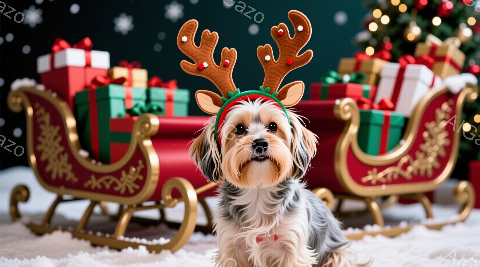 赤いクリスマスストッキングの中に、ふわふわの白い子犬が顔を出しています。子犬は好奇心旺盛な表情で、少し上を見上げています。背景には、クリスマスツリーの飾りと暖炉の炎が見え、温かく幸せなクリスマスの雰囲 - AI生成フリー素材