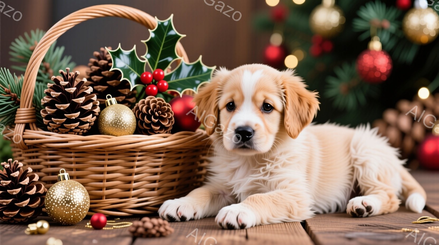 小さなクリーム色のパピーが、クリスマスオーナメントや松ぼっくりが入った籐のバスケットの横に横たわっています。パピーは前足を伸ばし、少し上目遣いでカメラを見ており、愛らしい表情をしています。背景にはぼやけたクリスマスツリーと装飾が映り、木製のテーブルの上に配置されており、暖かく、お祝いの雰囲気です。