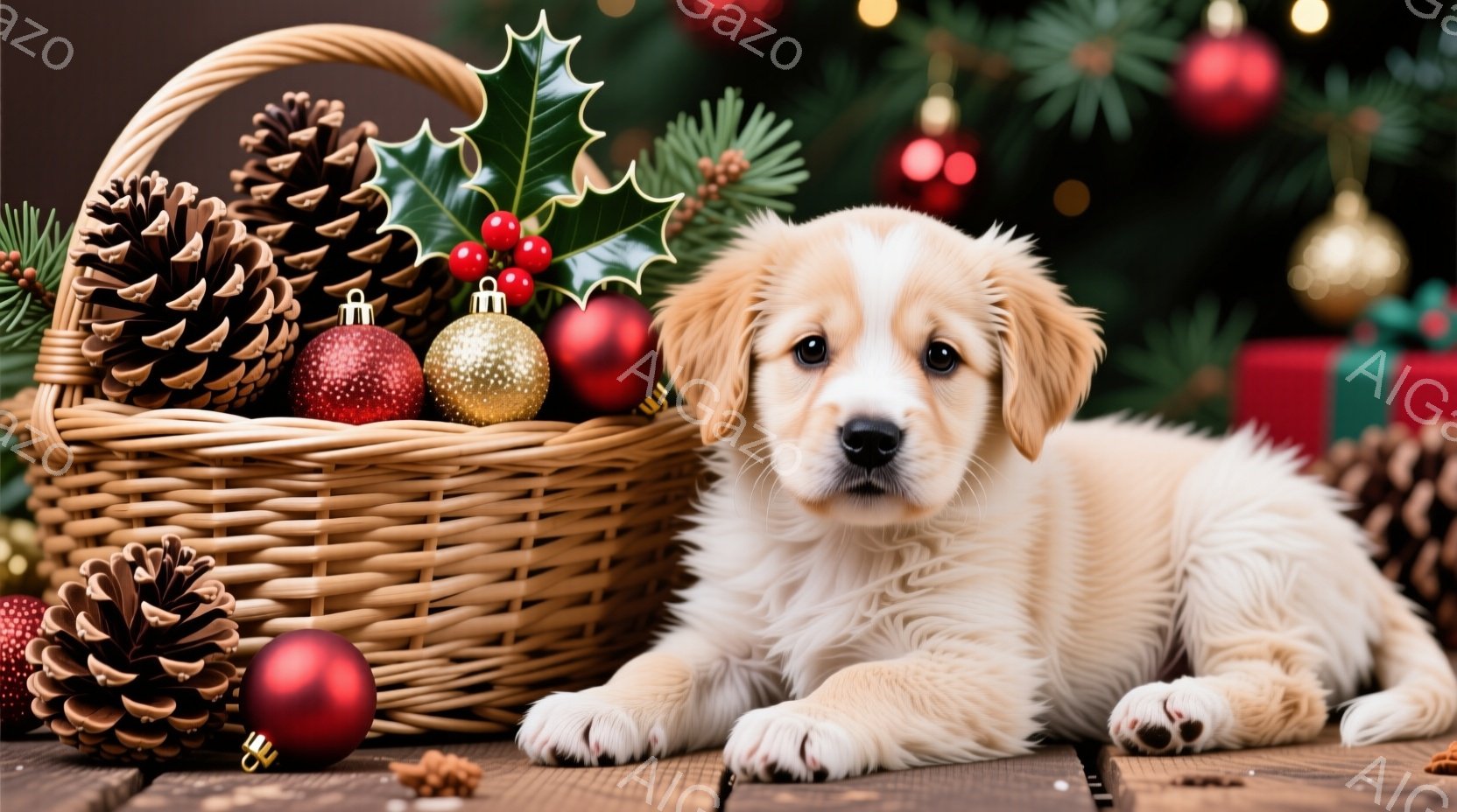 柔らかいクリーム色の毛並みを持つ子犬が、木製のテーブルの上でリラックスして横たわっています。 近くには編まれたバスケットが置かれ、松ぼっくりや赤いクリスマスオーナメントで飾られています。 背景にはクリ - AI生成フリー素材