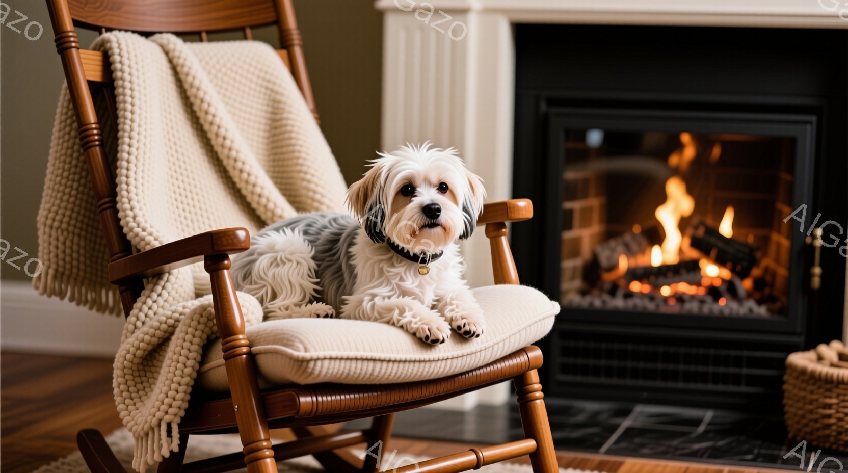 明るい茶色のロッキングチェアに、ふわふわの白い毛並みの小型犬が横たわっています。犬は首輪をつけており、リラックスした表情で正面を見つめています。背景には暖炉があり、燃え盛る炎が暖かさと安らぎの雰囲気を - AI生成フリー素材