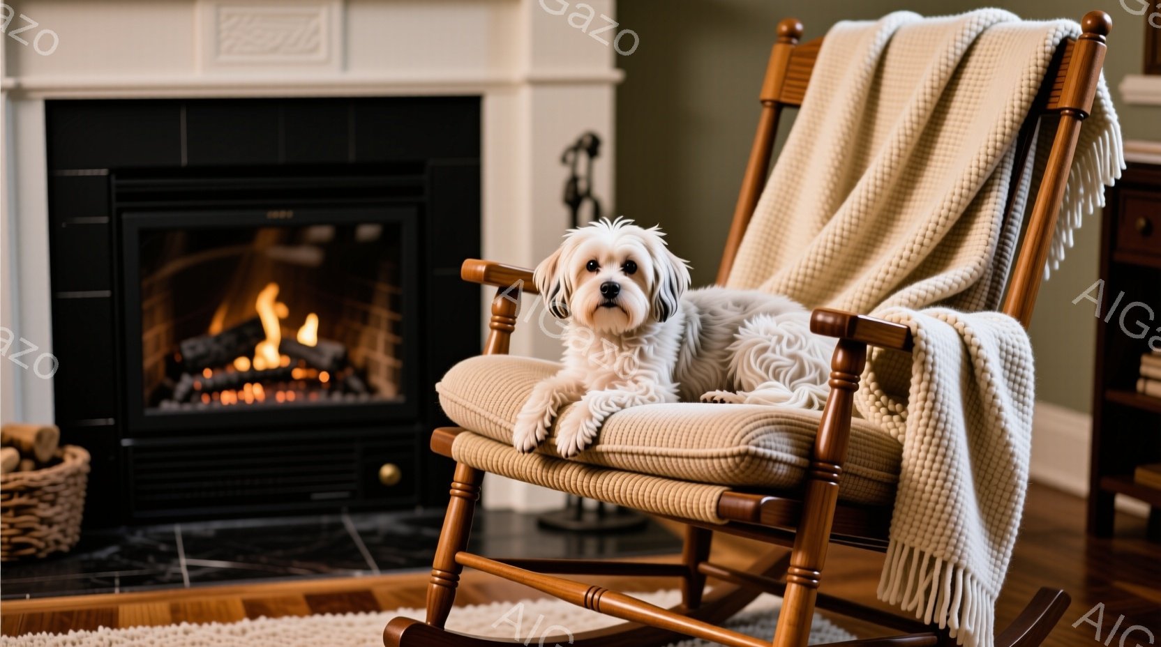 白い毛並みの小型犬が、ベージュ色のブランケットがかけられたロッキングチェアにゆったりと座っています。背景には暖炉があり、炎が灯って暖かく居心地の良い雰囲気を醸し出しています。木製の家具と落ち着いた色彩 - AI生成フリー素材
