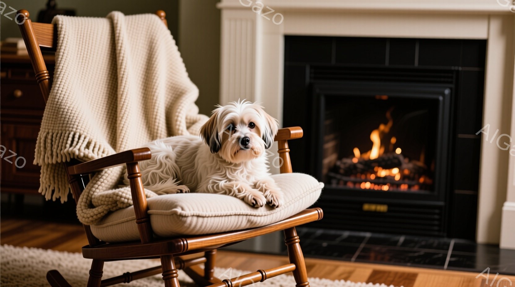 暖炉のある部屋で、クリーム色のロッキングチェアに白い毛並みの小型犬がゆったりと横たわっています。犬はリラックスした表情で、穏やかな時間が流れているようです。背景には木製のキャビネットが見え、暖炉の炎が - AI生成フリー素材