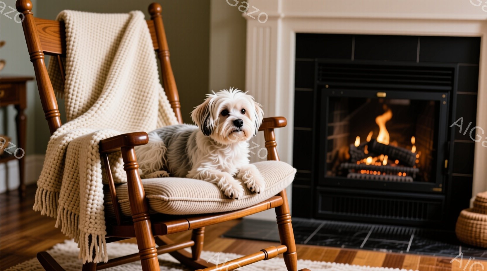 明るい茶色のロッキングチェアに、白い毛並みの小さな犬がゆったりと座っています。犬はリラックスした表情で、正面を向いて少しだけカメラを見ています。背景には暖炉があり、炎が暖かく灯っており、部屋全体に穏や - AI生成フリー素材