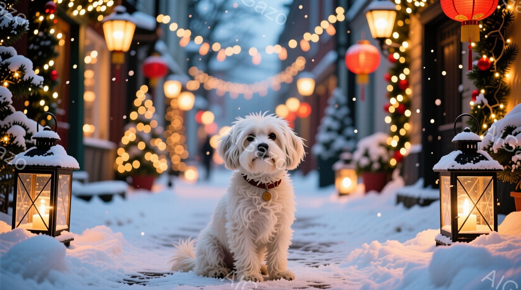 白い毛並みの小型犬が雪に覆われた石畳の道に座っています。背景にはクリスマスの飾り付けが施された建物や、点灯したランタン、雪が舞う様子が見え、暖かく幻想的な雰囲気が漂っています。犬は赤い首輪をつけており、穏やかな表情で正面を見つめています。