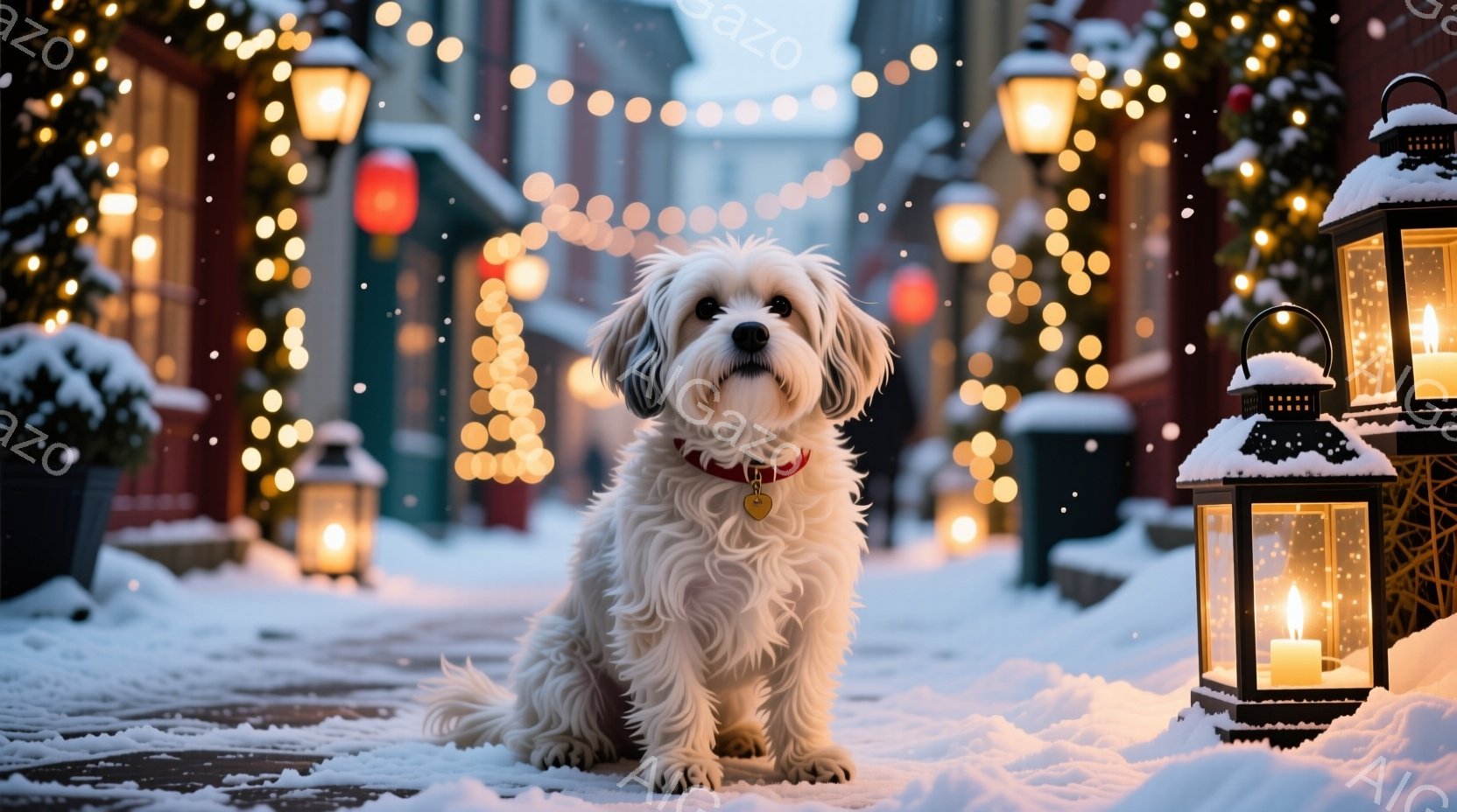 白いふわふわの犬が雪で覆われた石畳の道に座っています。赤い首輪をつけており、落ち着いた表情で正面を見ています。背景には、クリスマスのようなイルミネーションが飾られた建物が並び、雪が舞う冬の景色が広がっ - AI生成フリー素材