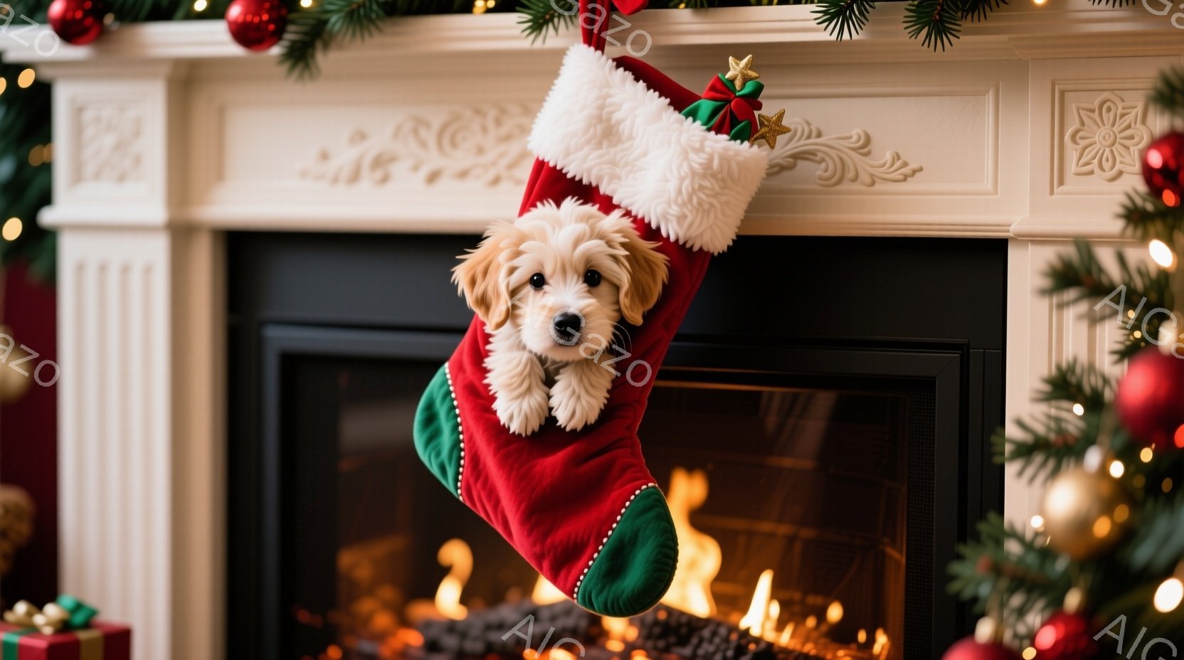 赤いクリスマスストッキングが暖炉の上に掛けられており、中にはふわふわの金色の毛並みを持つ子犬が可愛らしく顔を出しています。暖炉の中では炎が揺らめき、背景には装飾されたクリスマスツリーとプレゼントが見え - AI生成フリー素材