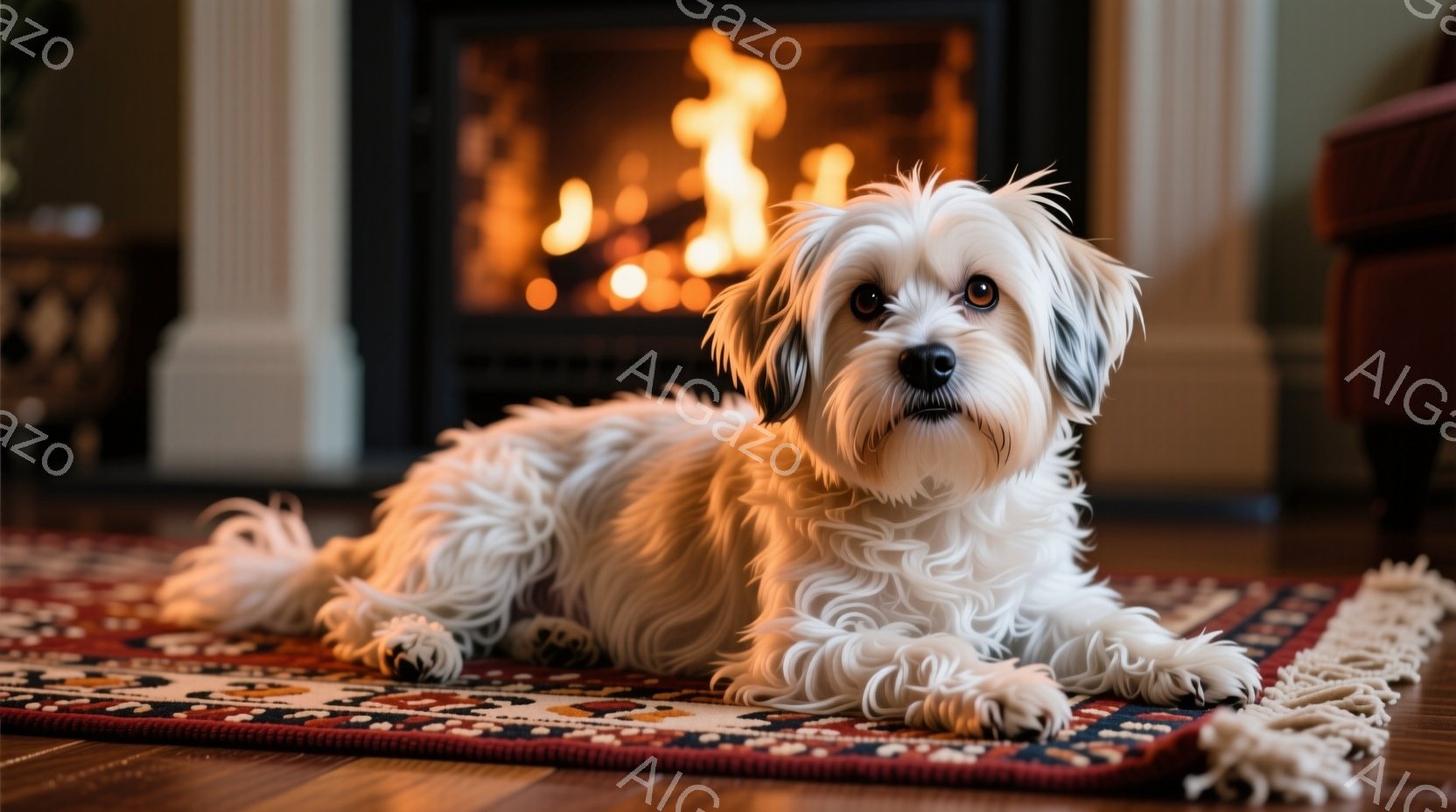 白くてふわふわした犬が、赤い模様の絨毯の上で横たわっています。犬はカメラの方を見ており、穏やかで優しい表情をしています。背景には暖炉があり、炎が燃えており、温かく居心地の良い雰囲気を作り出しています。 - AI生成フリー素材