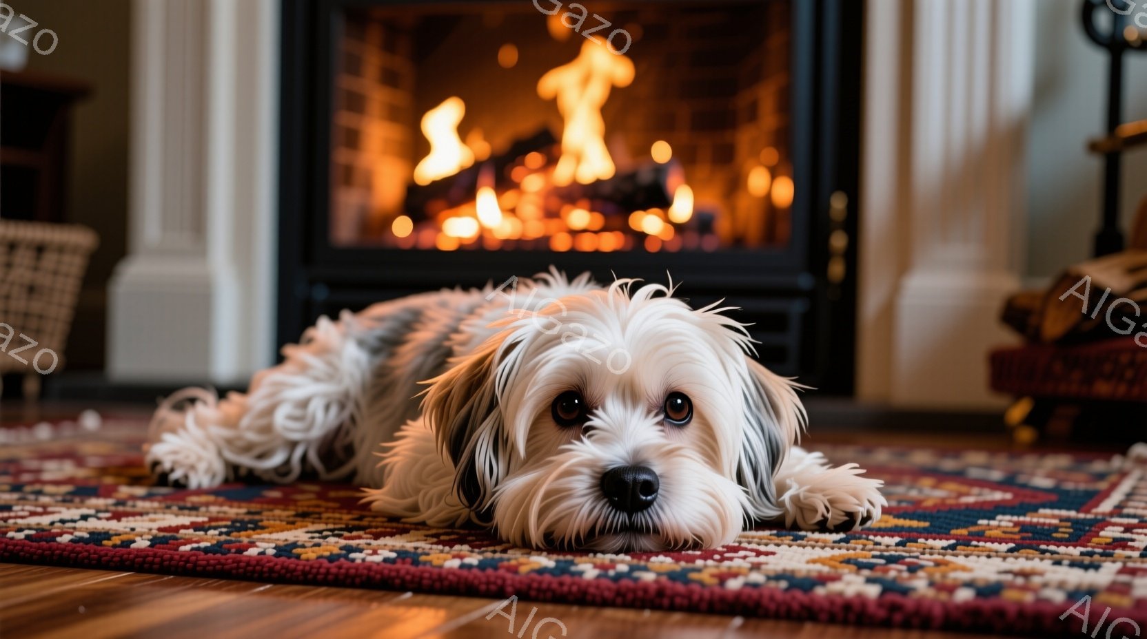 白と茶色の毛並みが美しい犬が、カラフルな敷物の上に横たわっています。犬はリラックスした表情で、カメラの方をじっと見つめており、暖炉の火が暖かく背景を照らしています。木製の床と暖炉の存在から、温かく心地よい室内であることが伺えます。